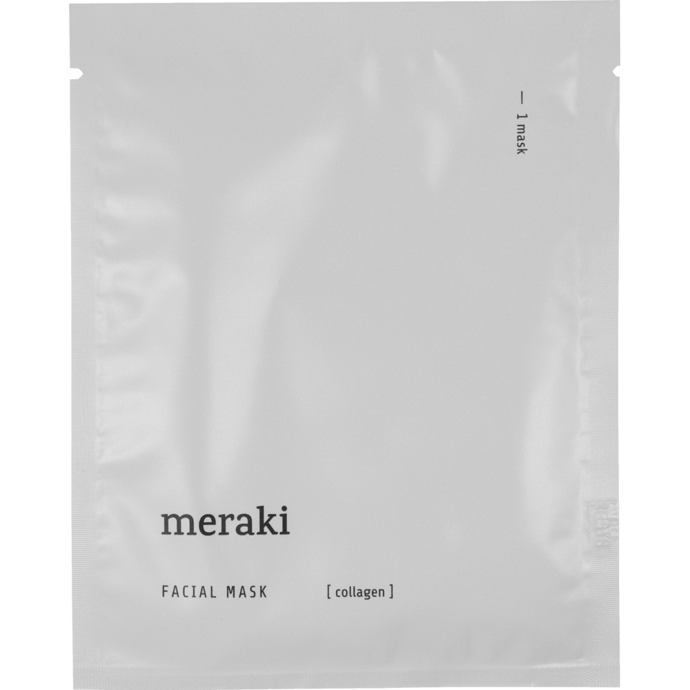 A white packet labeled Meraki Face Mask, Collagen, featuring a minimalist design with small text noting it contains one face mask, formulated to help improve skin elasticity.