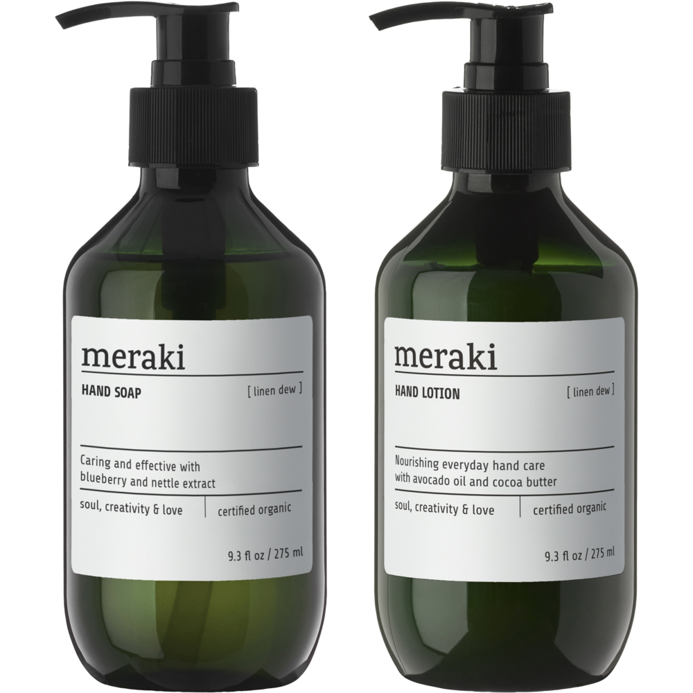 The Meraki Giftbox Linen Dew Organic includes two green bottles with black pumps: a certified organic hand soap featuring blueberry and nettle extract, and a nourishing hand lotion enriched with avocado oil and cocoa butter. Both come in 9.3 fl oz (275 ml) sizes, making them perfect for your daily hand care routine.