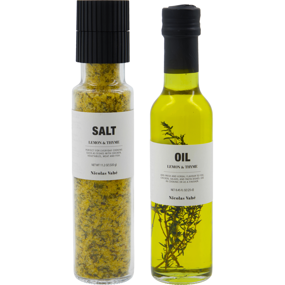 Give your everyday dishes a flavorful boost with the Salt & Oil Lemon Gift Box from Nicolas Vahé. This set includes two essentials: a bottle of lemon and thyme seasoned salt and a bottle of lemon and thyme oil, each featuring white labels with black text and visible herbs inside—perfect for elevating any meal.