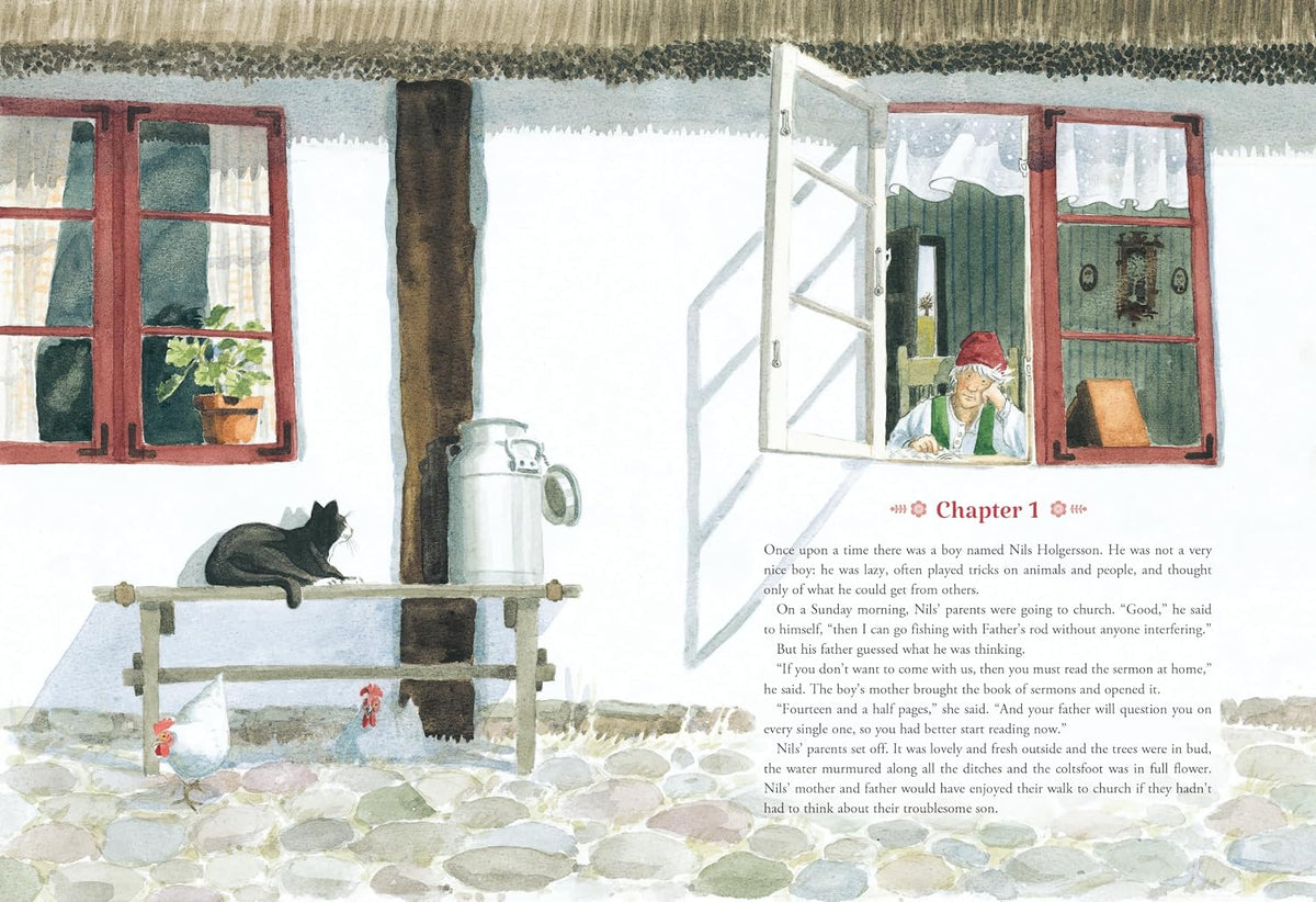 An illustration inspired by The Wonderful Adventures of Nils Book by Selma Lagerlöf features a charming cottage with red windows, a woman gazing out, a black cat perched on a bench, and a milk jug outside. A cobblestone courtyard stretches before it, capturing the spirit of Nils’ adventure, with text from Chapter 1 displayed on the right.