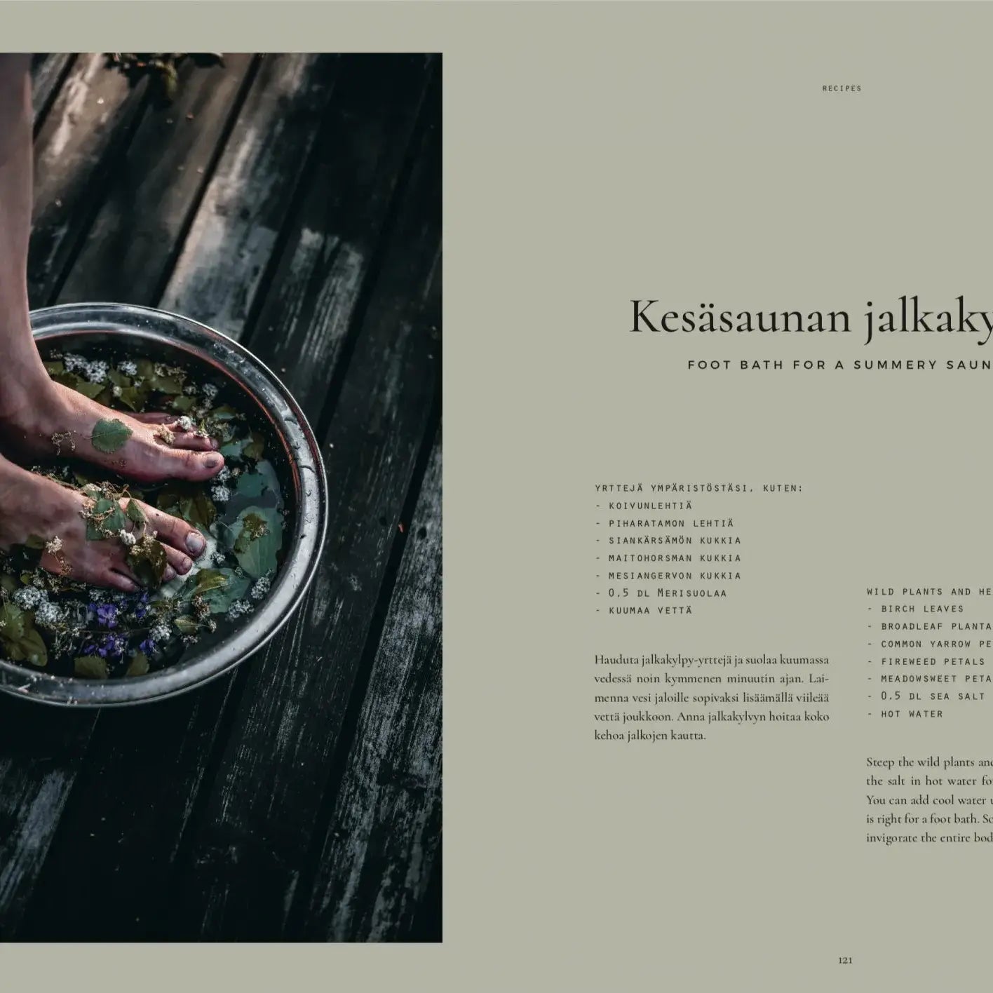 Bare feet soak in a metal basin with water, petals, and leaves on wood, evoking Finnish sauna culture. "Sauna Book" by Cozy Publishing is featured, with text in Finnish and English beside the serene scene.