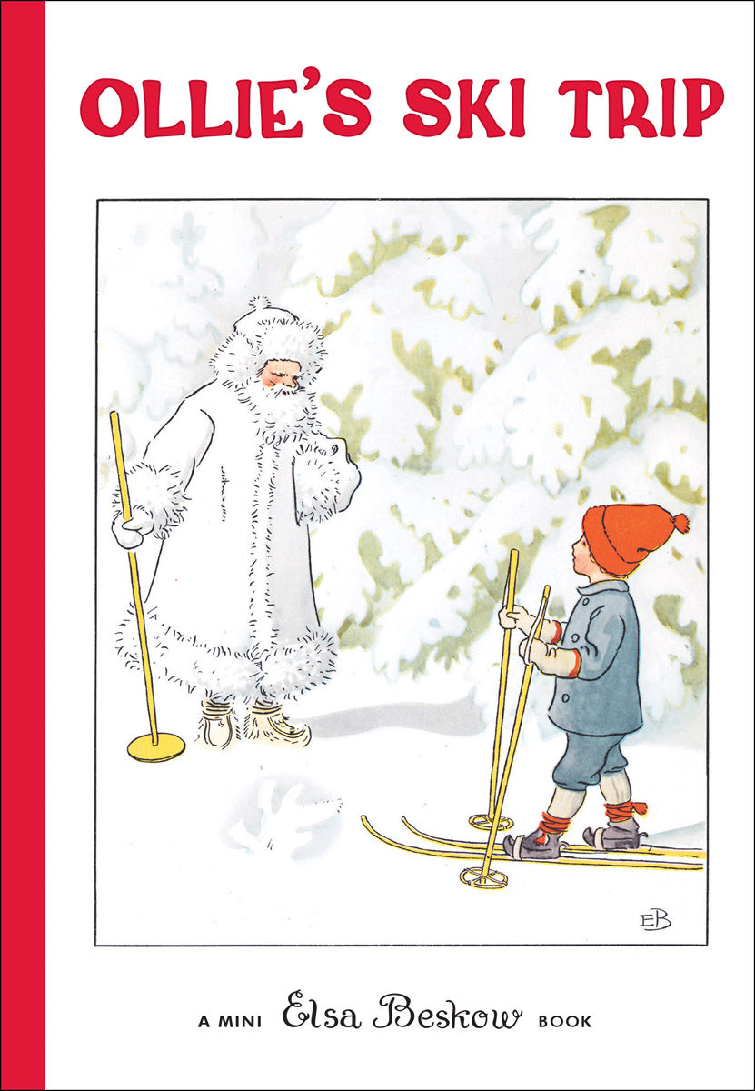 A child in winter clothes and skis meets a snow-covered figure in a snowy forest. "Ollie's Ski Trip Mini Edition Book" by Elsa Beskow captures this classic winter tale for children.