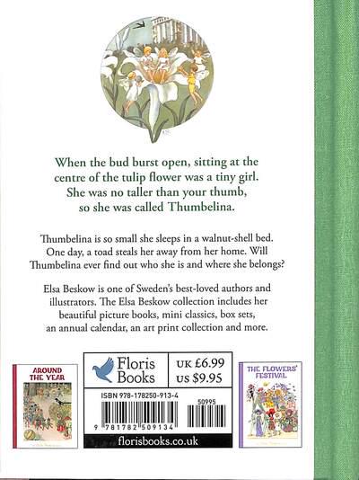 The back cover of the Thumbelina Mini Edition Book by Elsa Beskow shows a story synopsis, author bio, price, barcode, ISBN, and images of two other Elsa Beskow book covers.
