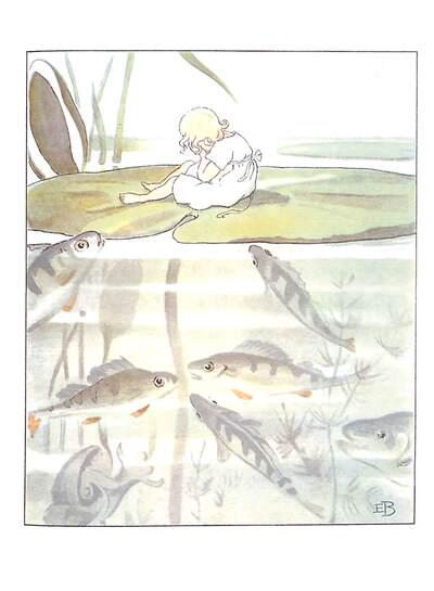 A scene from the Thumbelina Mini Edition Book by Elsa Beskow shows a child on a lily pad above water, with fish swimming below and pond reflections—a charming image ideal for a children's picture book.