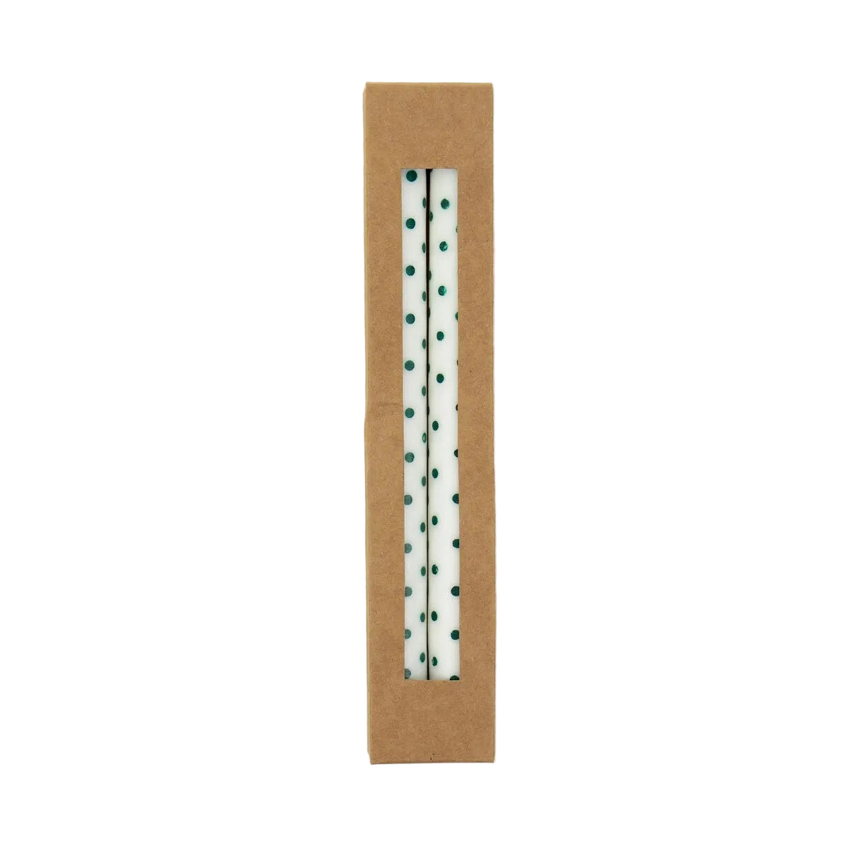 Two Candles Minidot White & Green, Handmade 2 Pack featuring hand-painted white candles with green polka dots inside a vertical brown cardboard box with a rectangular cutout.