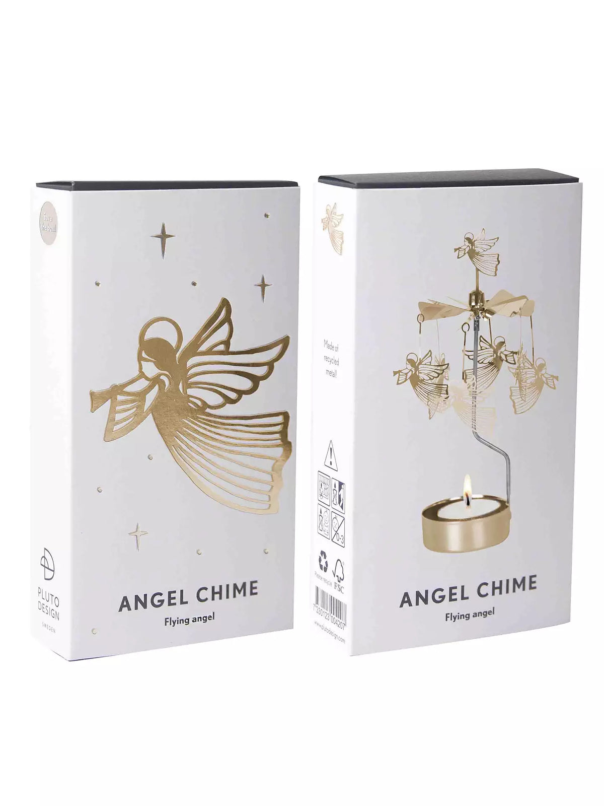 Two boxes of the Pluto Design Sweden Tealight Spinner, Flying Angel in Gold, are displayed. Each box features a gold illustration of an angel and stars. One box shows the assembled gold metal tealight spinner, with flying angels circling above a lit tealight candle.