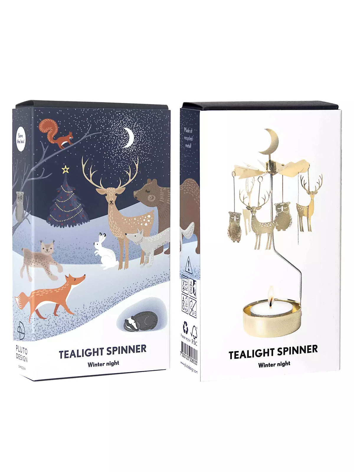 Two boxes of Pluto Design Sweden’s Tealight Spinner, Winter Night in Gold make charming home decor accents. One box features illustrated woodland animals in a snowy forest, while the other contains a gold tealight spinner for a candle, adorned with a crescent moon and hanging deer.