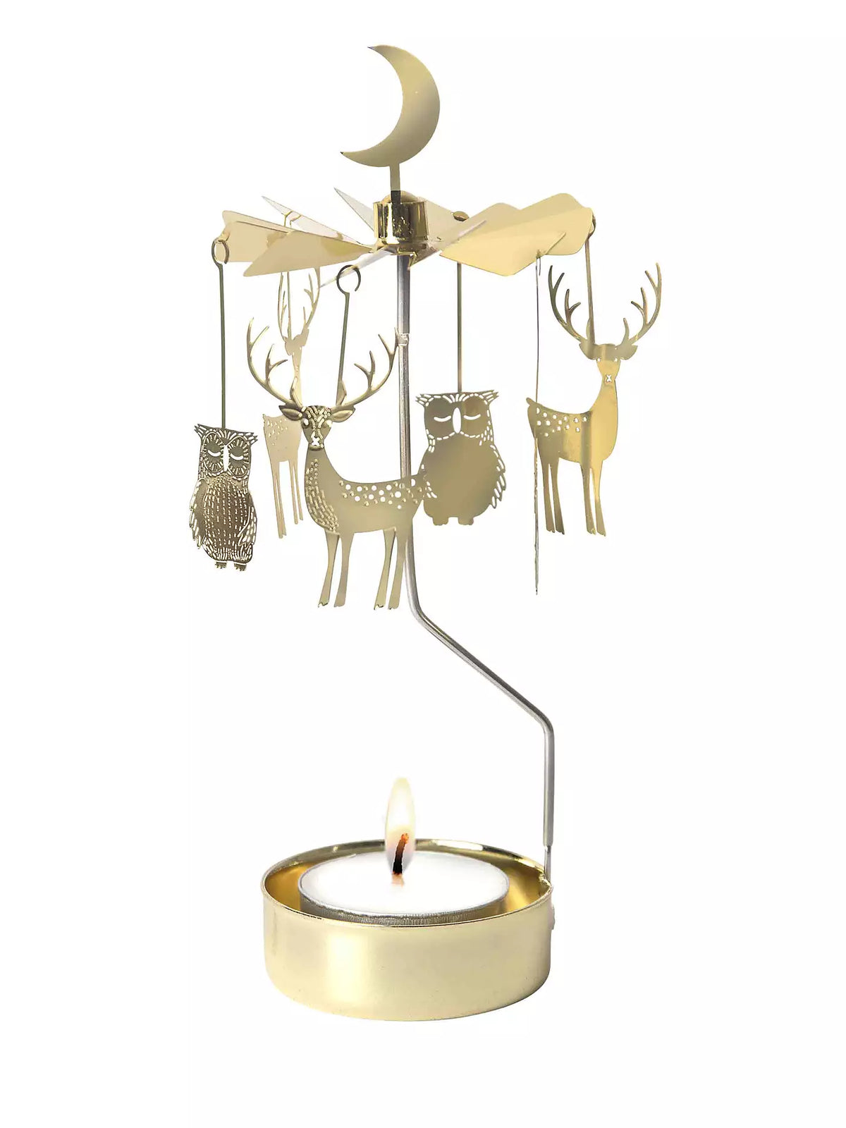 The Tealight Spinner, Winter Night in Gold from Pluto Design Sweden features hanging metal reindeer and owl ornaments spinning gracefully above a lit tealight candle. Crowned with a crescent moon, this gold carousel creates a mesmerizing display—adding warmth and charm to your home decor on any cozy winter night.