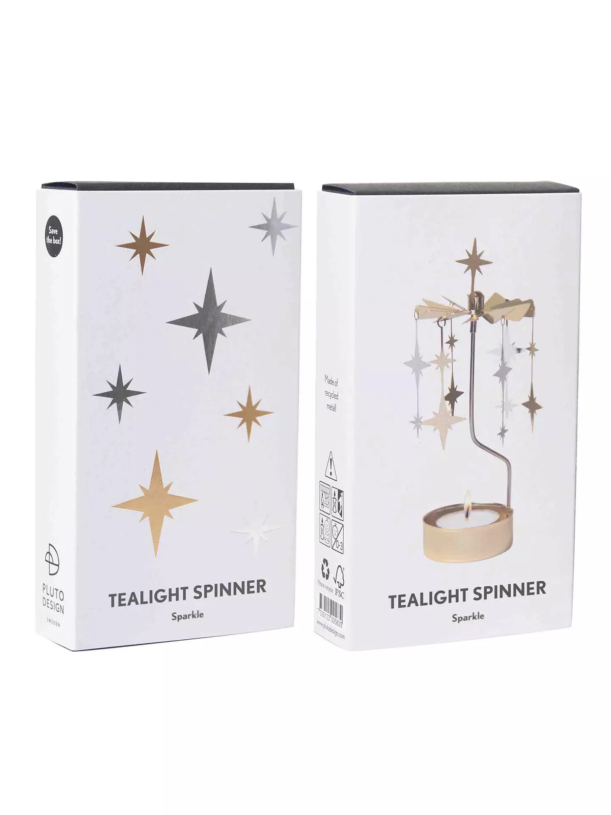 Two boxes of Tealight Spinner, Sparkle in Gold and Silver by Pluto Design Sweden. One box features silver and gold stars, while the other displays an image of the star-shaped tealight spinner positioned above a lit candle—making this an ideal gift and a delightful touch for any home decor.