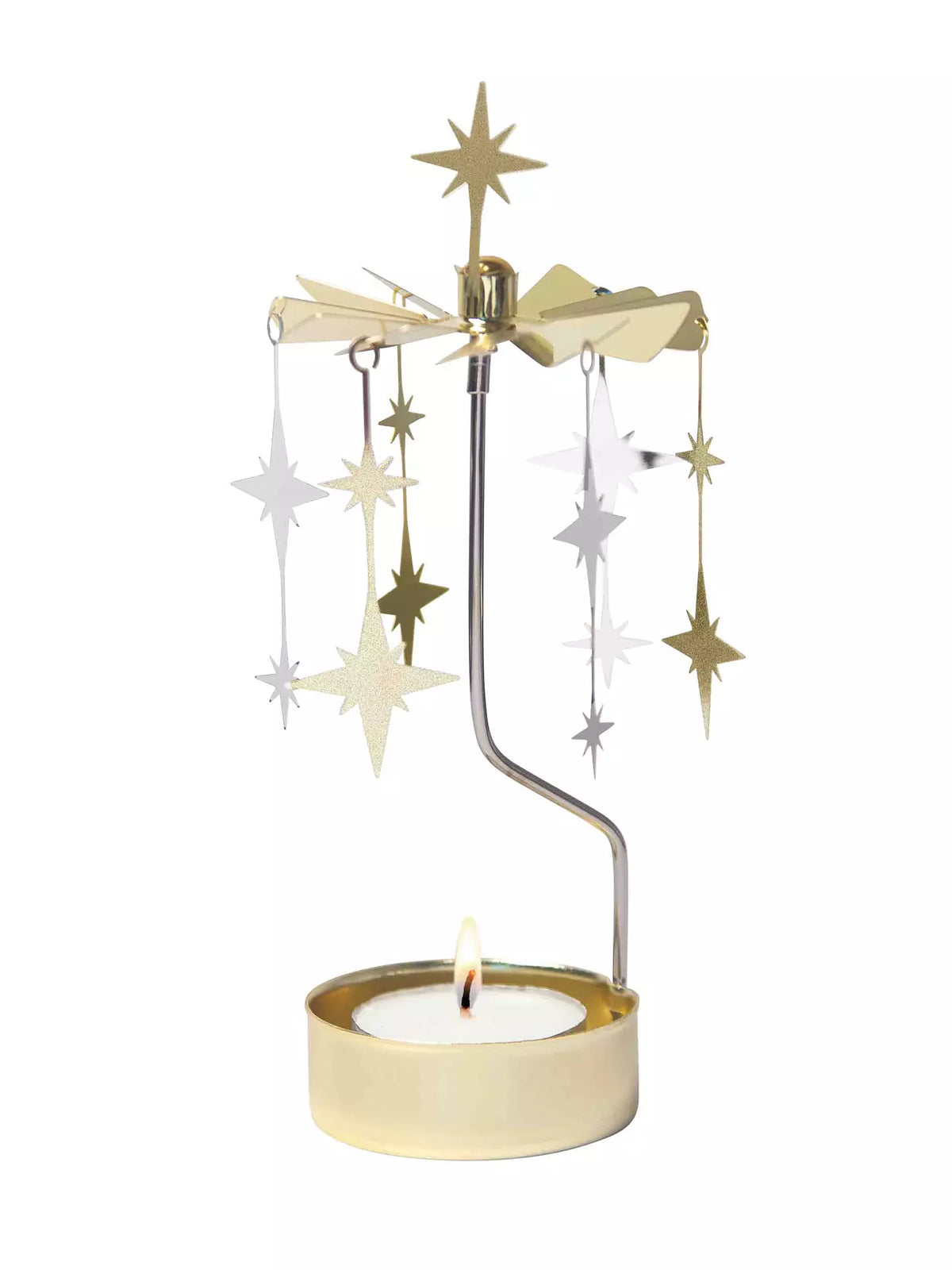 Add a touch of charm to your home decor with the Tealight Spinner, Sparkle in Gold and Silver by Pluto Design Sweden. This elegant gold candle holder features a beautifully spinning carousel top adorned with hanging metallic stars in shimmering gold and silver, all gracefully turned by the gentle heat of a lit tealight below—making it a delightful gift for any occasion.