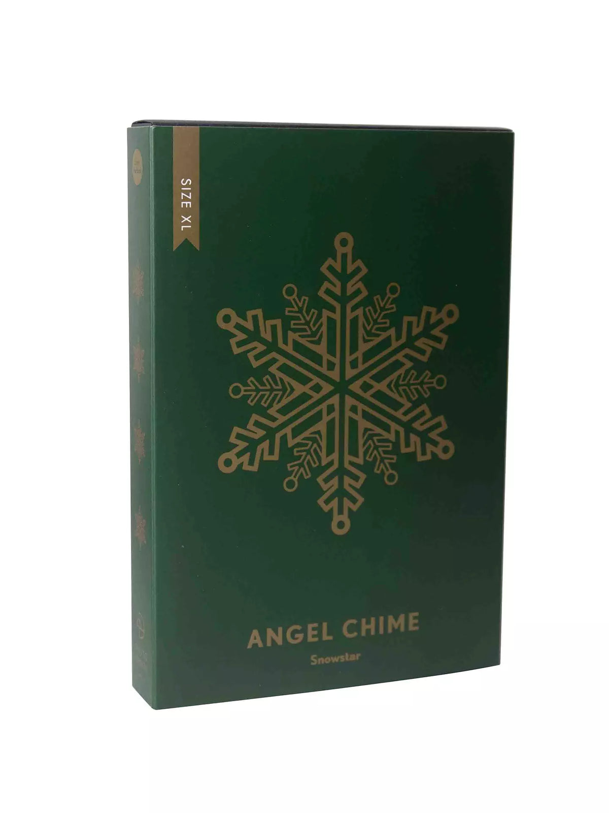 A festive green box adorned with a large gold snowflake design sets a Christmas mood, featuring the labels Tealight Spinner, Big Snowstar in Gold and Pluto Design Sweden. A brown strip on the side displays XL SIZE in gold, suggesting an impressive XL tealight holder awaits inside.