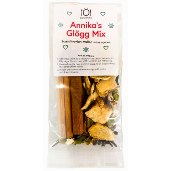 A clear packet of Deli Annika’s Gloggmix - Mulled Wine Spices 25g, featuring traditional Scandi mulled wine spices like cinnamon sticks and dried fruit.