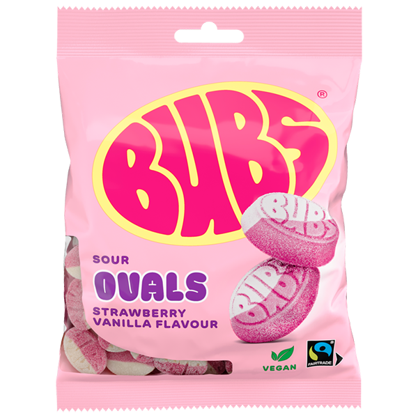 A pink bag of Deli Bubs Goody Strawberry Vanilla Swedish Candy 90g, with images of oval-shaped pink and white sweets on the pack. Vegan and Fairtrade certification icons are shown.