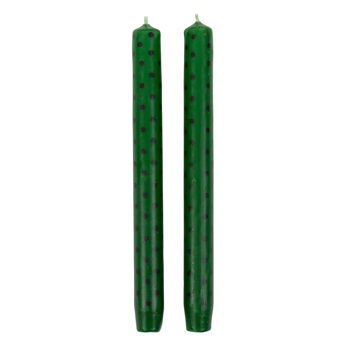 Two green handmade Candles Minidot Green & Black, 2 Pack, decorated with a black polka dot pattern.