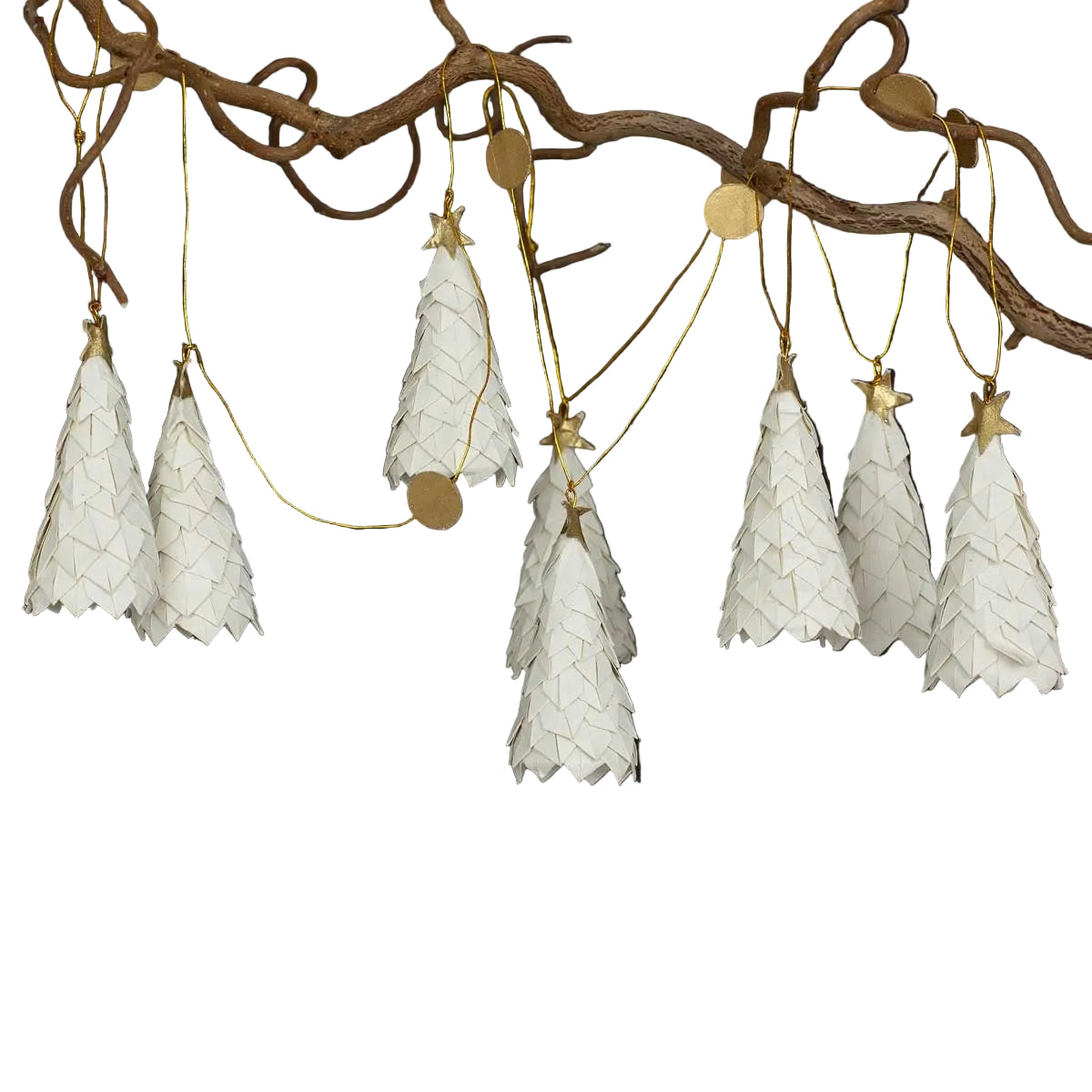 A set of white, cone-shaped paper Christmas tree ornaments with textured layered details, hanging from a rustic brown branch against a solid black background.
