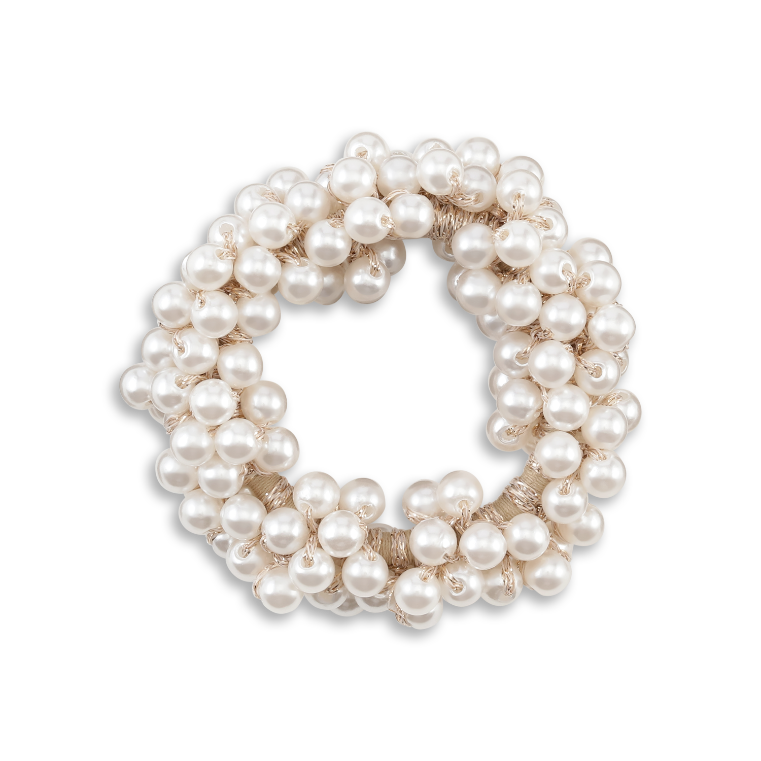 The Sui Ava Classic Pearl Elastic Hair Band in Beige features clusters of glossy white faux pearls on a circular elastic—an elegant accessory for any occasion.