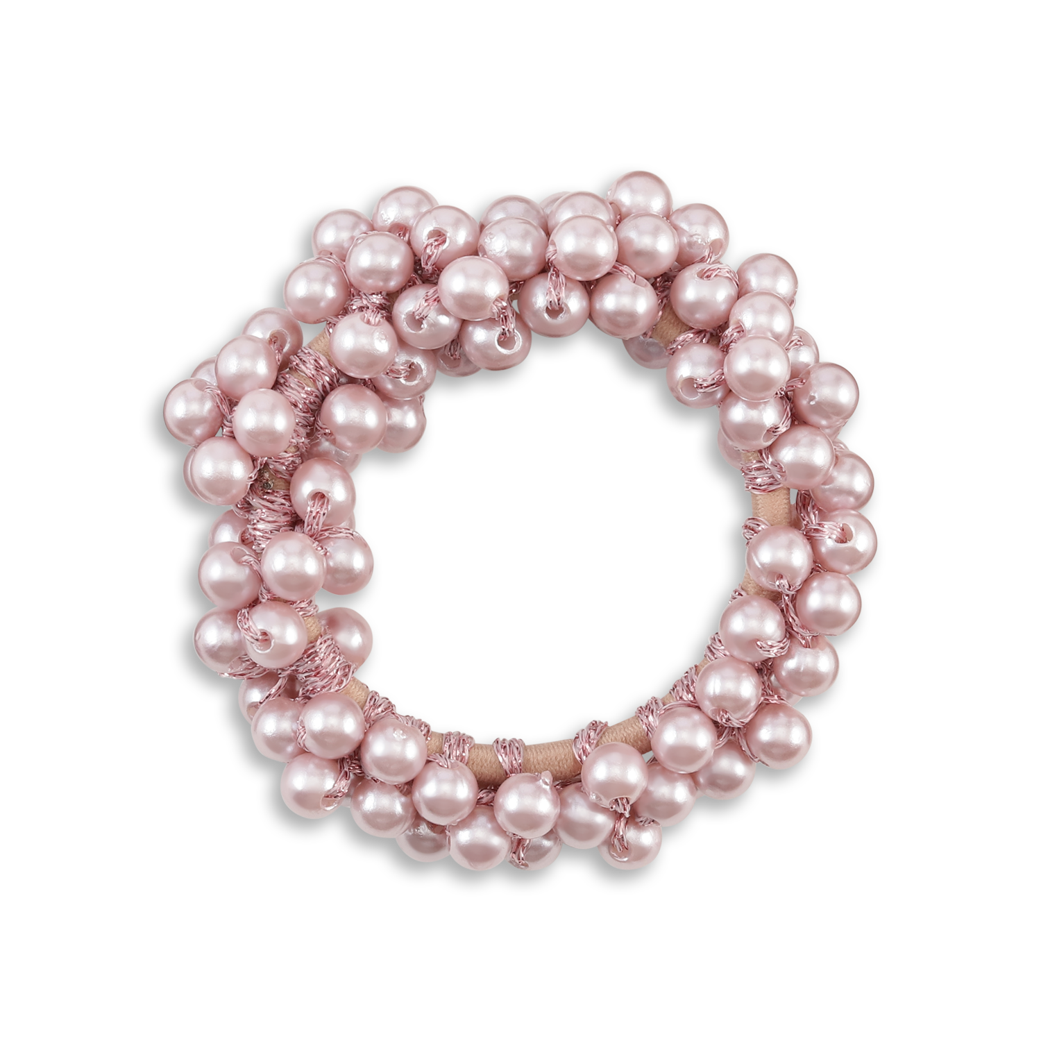 The Sui Ava Classic Pearl Elastic Hair Band in Rose features clustered shiny pink pearls in multiple rows, serving as both a chic stretchy bracelet and an elegant hair accessory, combining style and versatility.