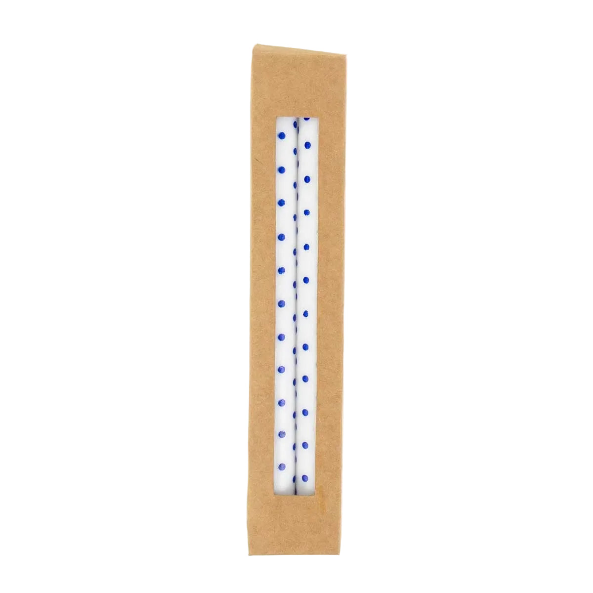 Two Candles Minidot White & Blue, Handmade 2 Pack, featuring white taper candles with blue polka dots in a long, rectangular kraft paper box with a cutout window.
