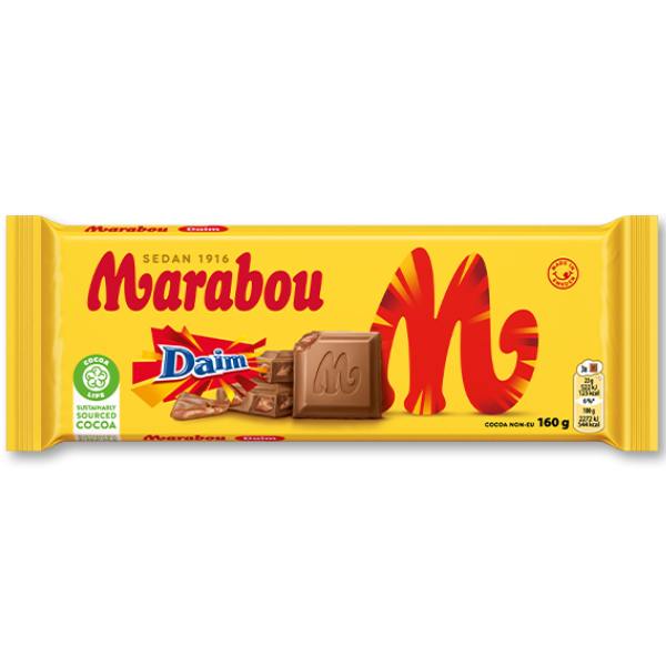 The Deli Marabou Mjölkchoklad Daim – Milk Chocolate With Daim 160g bar features yellow packaging with red text and images of chocolate pieces and Daim caramel on the front.