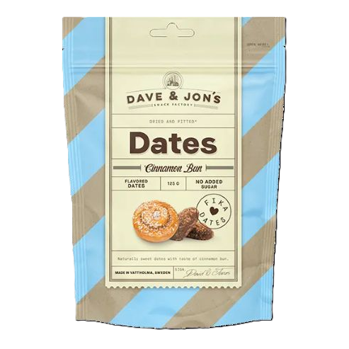A beige and blue resealable bag labeled Deli Dave & Jon’s Dadlar Cinnamon Bun Flavoured Dates 125g, featuring cinnamon bun-flavored dates with no added sugar. Made in California, this is a healthy snack option.