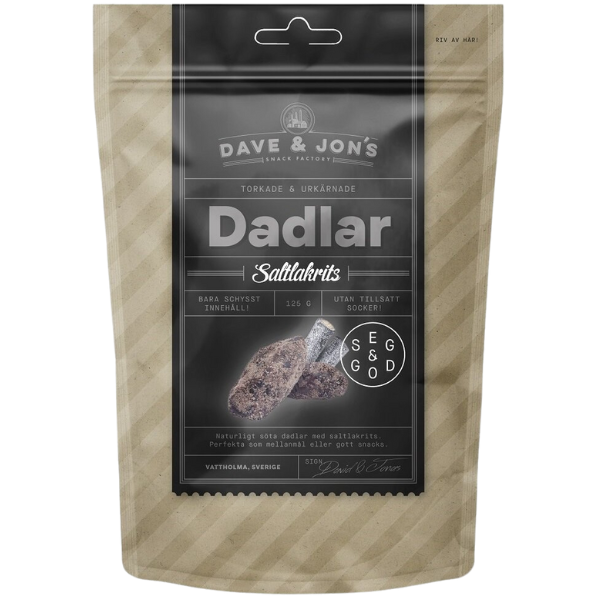 A 125g beige resealable pouch of Blabar Nordic Living Dave & Jon’s Dadlar Saltlakrits—salt liquorice flavoured dates with no added sugar, made from dried dates coated in salty liquorice powder.