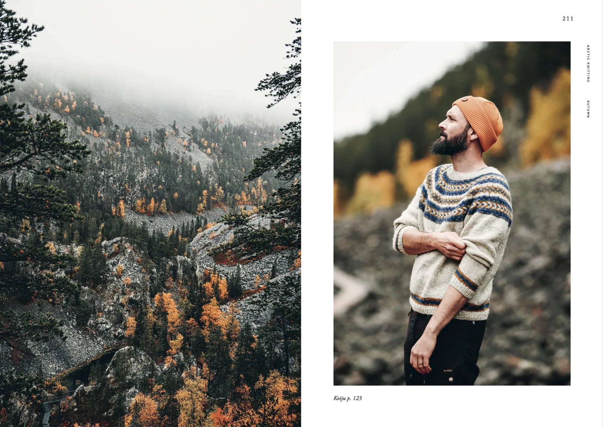 A bearded person wearing Lapland-inspired knitwear stands outdoors amid autumn trees and mountains, as featured in "Arctic Knitting: The Magic of Nature and Colourwork," a knitting book by Cozy Publishing.
