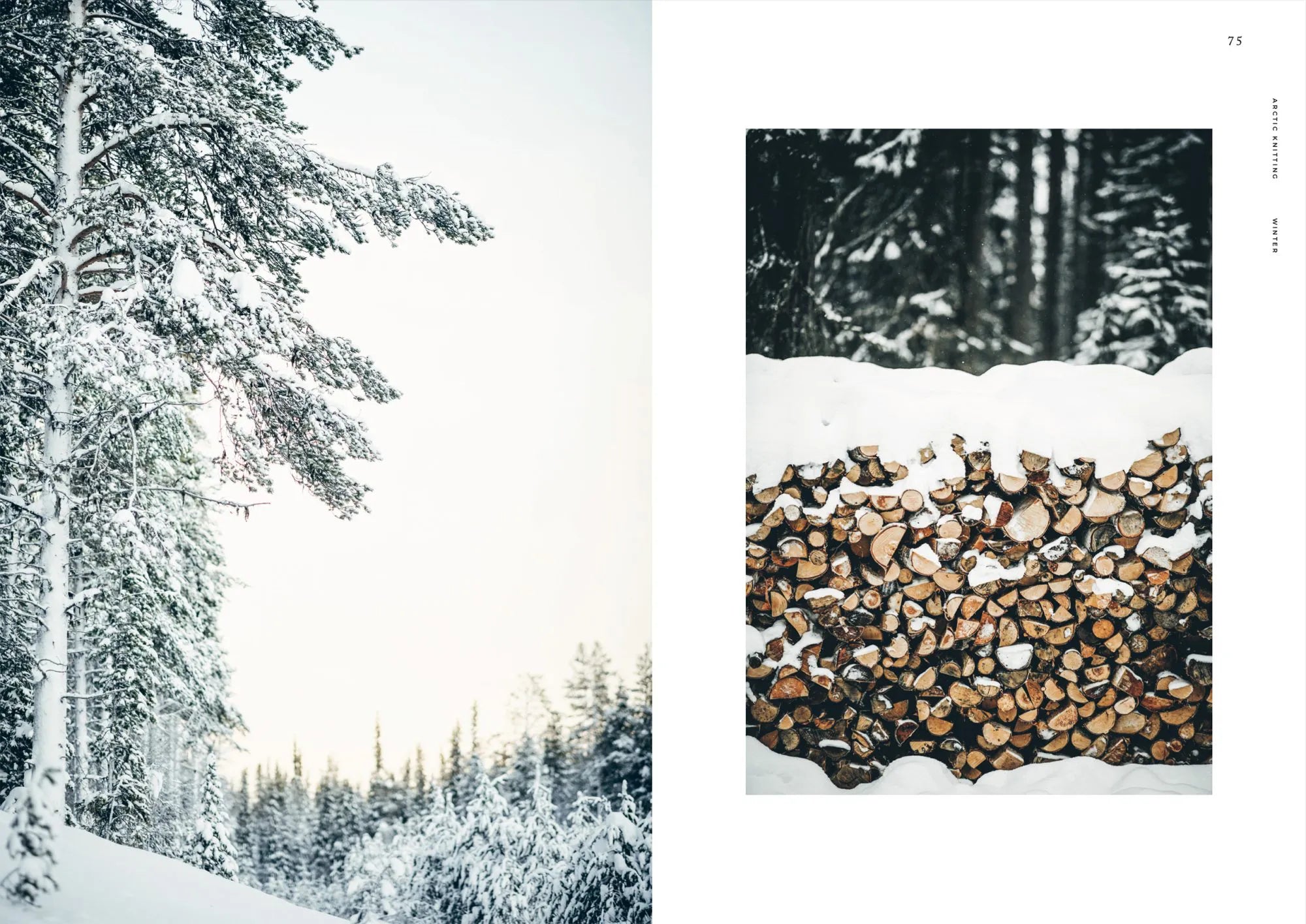 Left: Snow-covered trees in a winter forest. Right: A stack of snowy firewood, capturing the cozy Lapland spirit found in Cozy Publishing’s "Arctic Knitting: The Magic of Nature and Colourwork" knitting book.