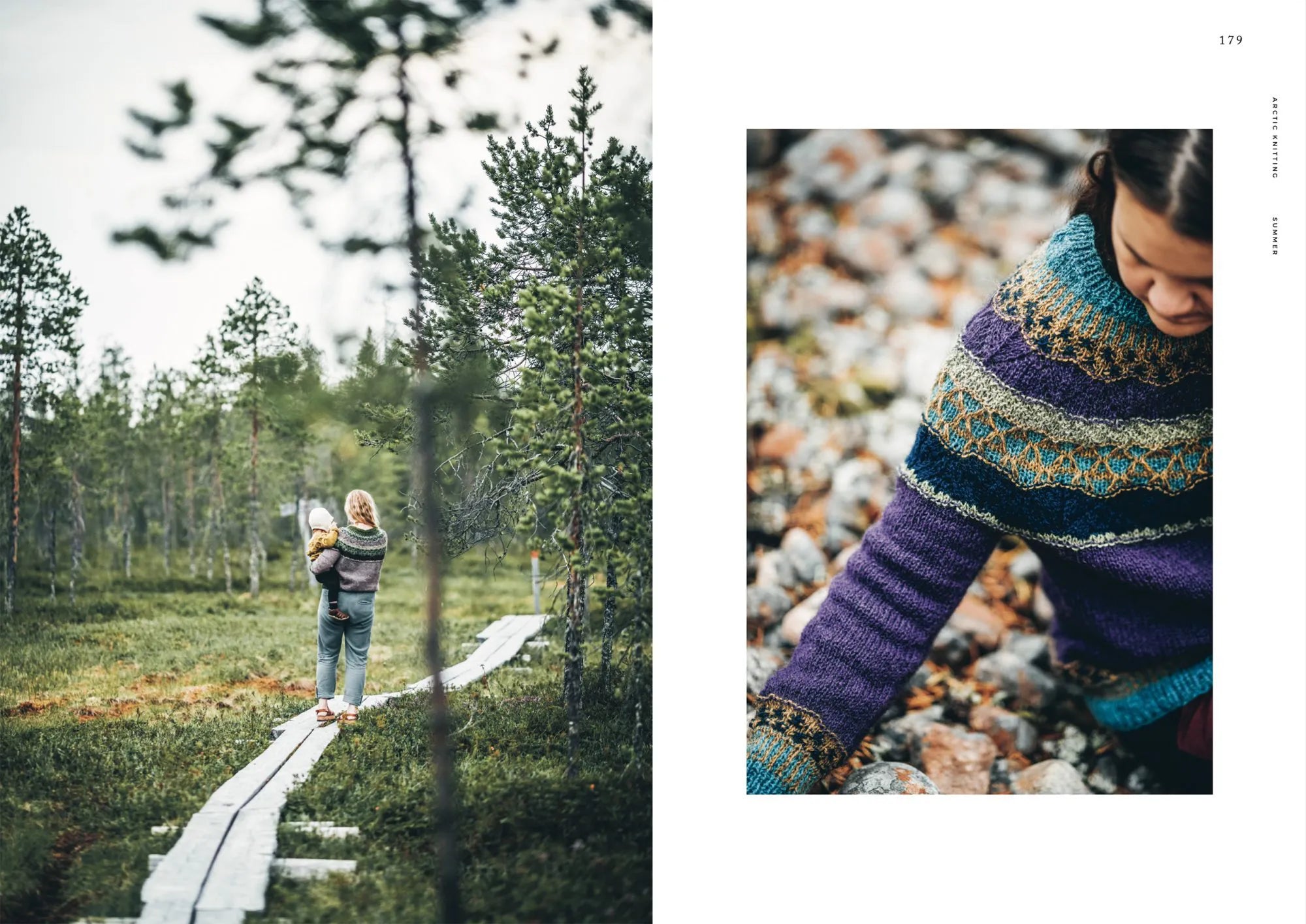 In Lapland, inspired by Arctic Knitting from Cozy Publishing, a person walks a forest path carrying a child; on the right, a close-up reveals the sweater’s unique nature and colorwork designs from the knitting book.