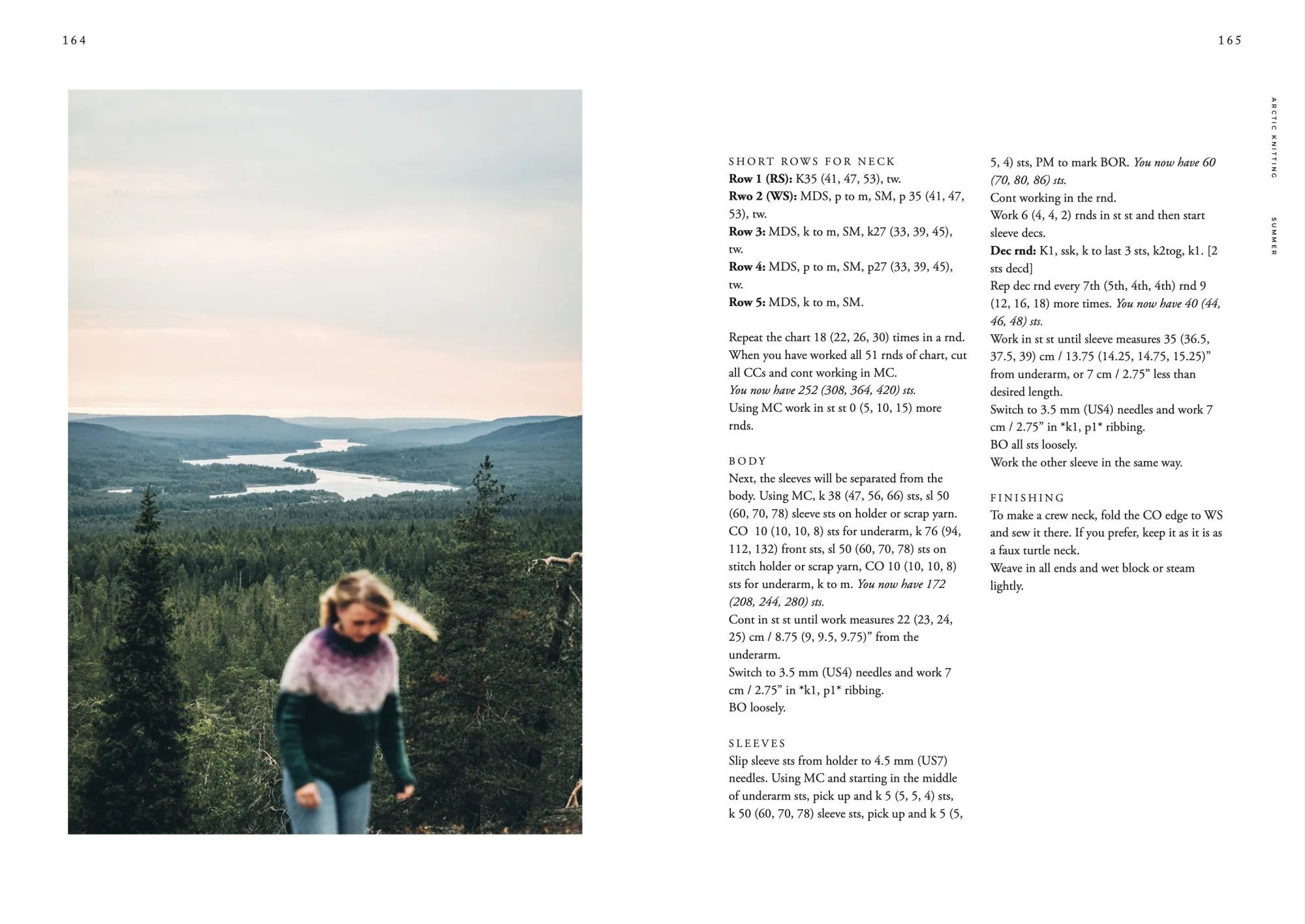 A woman wearing a Lapland-inspired sweater stands in the foreground, with a scenic river and forested hills behind her. "Arctic Knitting, The Magic of Nature and Colourwork" by Cozy Publishing is featured with text instructions on the right.