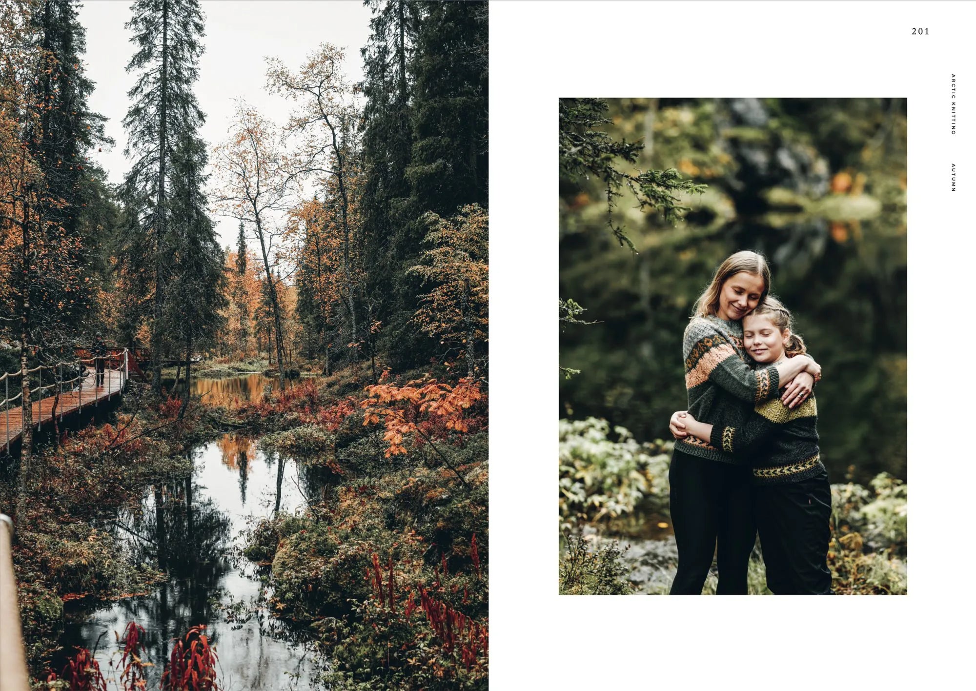 A split image: left shows a scenic forest with an autumn stream and wooden path; right features two people in Lapland-inspired knits, hugging outdoors. Product: Arctic Knitting by Cozy Publishing.