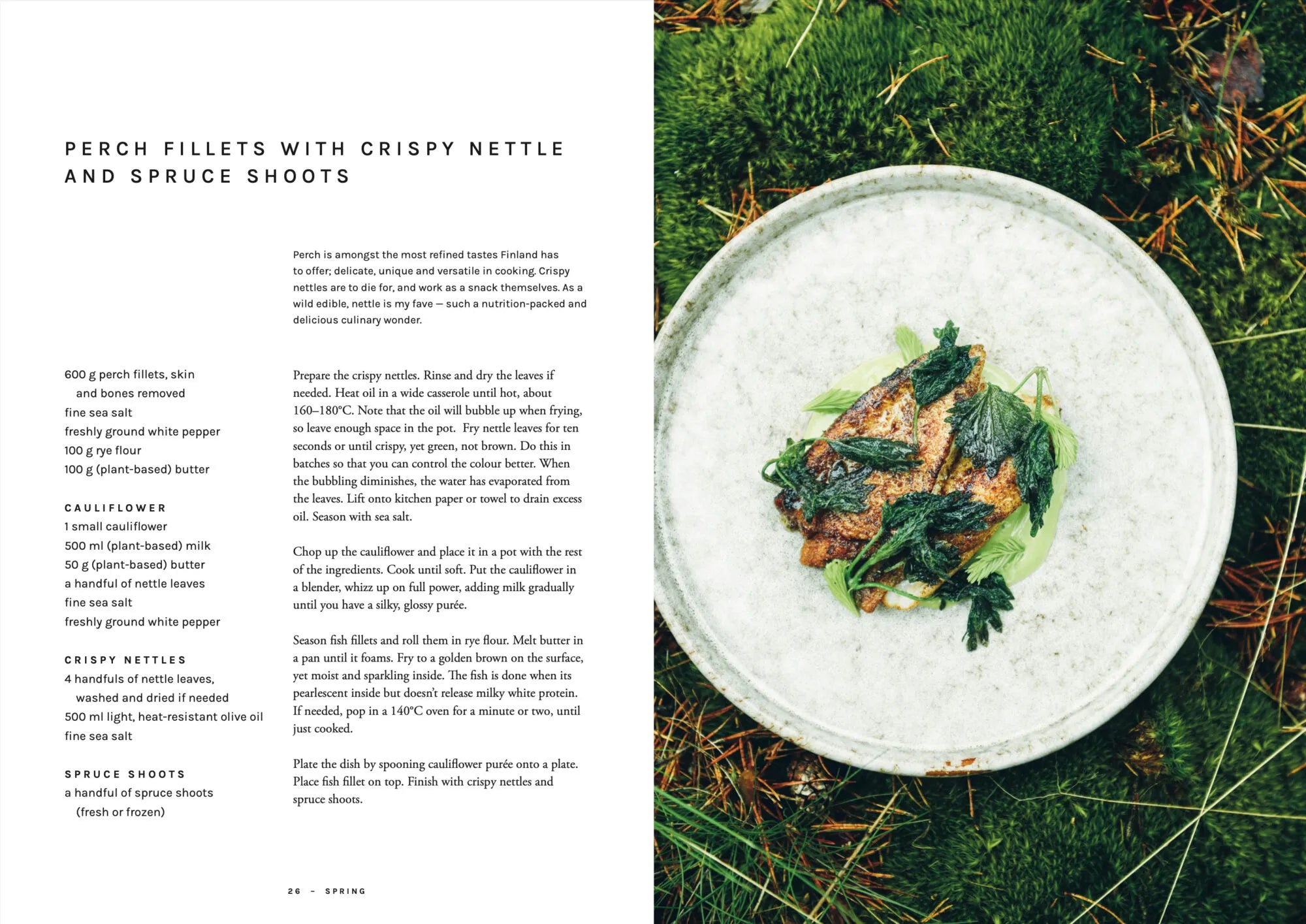 A plate featuring perch fillets garnished with crispy nettle and spruce shoots rests on a bed of moss, capturing the spirit of wild food cuisine; to its left, a recipe and ingredients list inspired by Chef’s Wild Nordic, Recipes for 72 Micro-Seasons from Cozy Publishing is displayed.