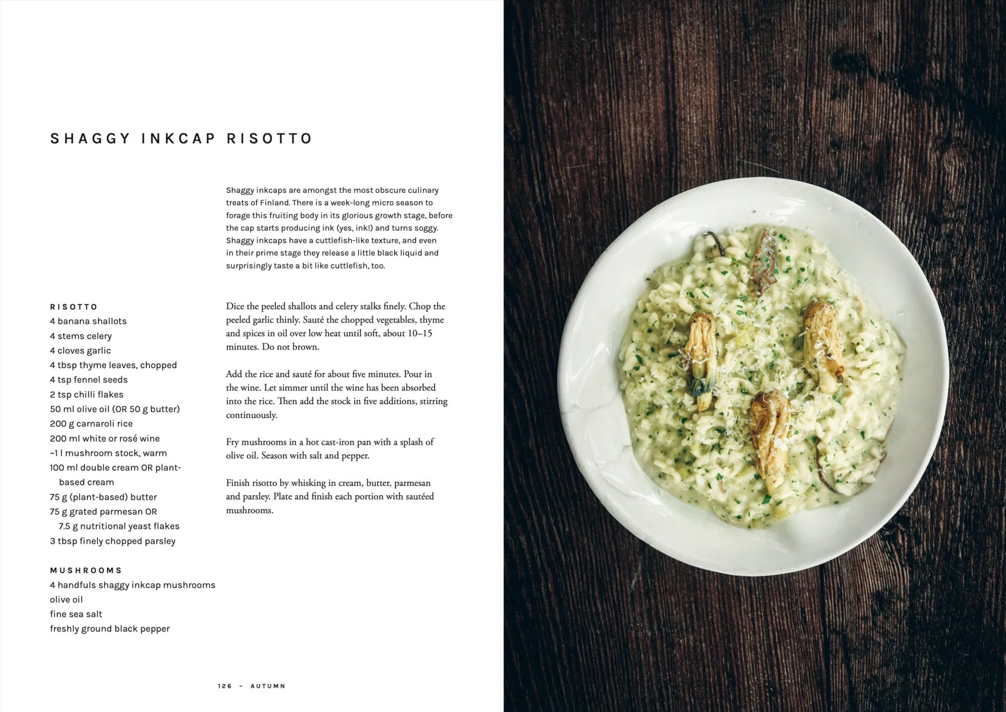 A page from Chef’s Wild Nordic, Recipes for 72 Micro-Seasons by Cozy Publishing displays a plate of creamy risotto with mushrooms on the right, while on the left is a recipe for Shaggy Inkcap Risotto highlighting wild food cuisine, complete with a list of foraged ingredients and step-by-step cooking instructions.