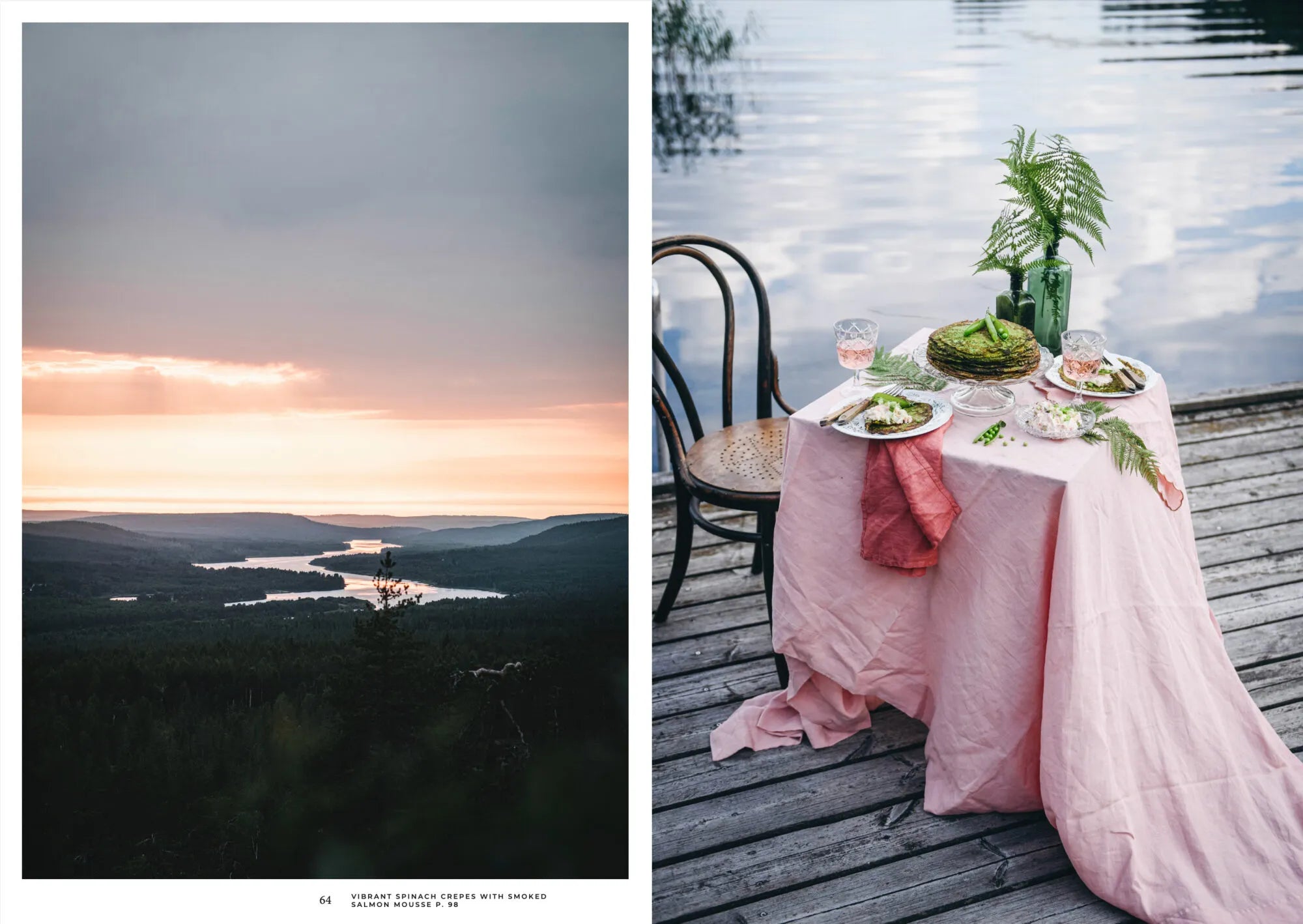 Left: A sunset over forested hills and a river. Right: An outdoor table for two with food, drinks, and a pink cloth on a dock by a lake—capturing the Nordic summer dining mood of Cozy Publishings Nordic Summer Cookbook.