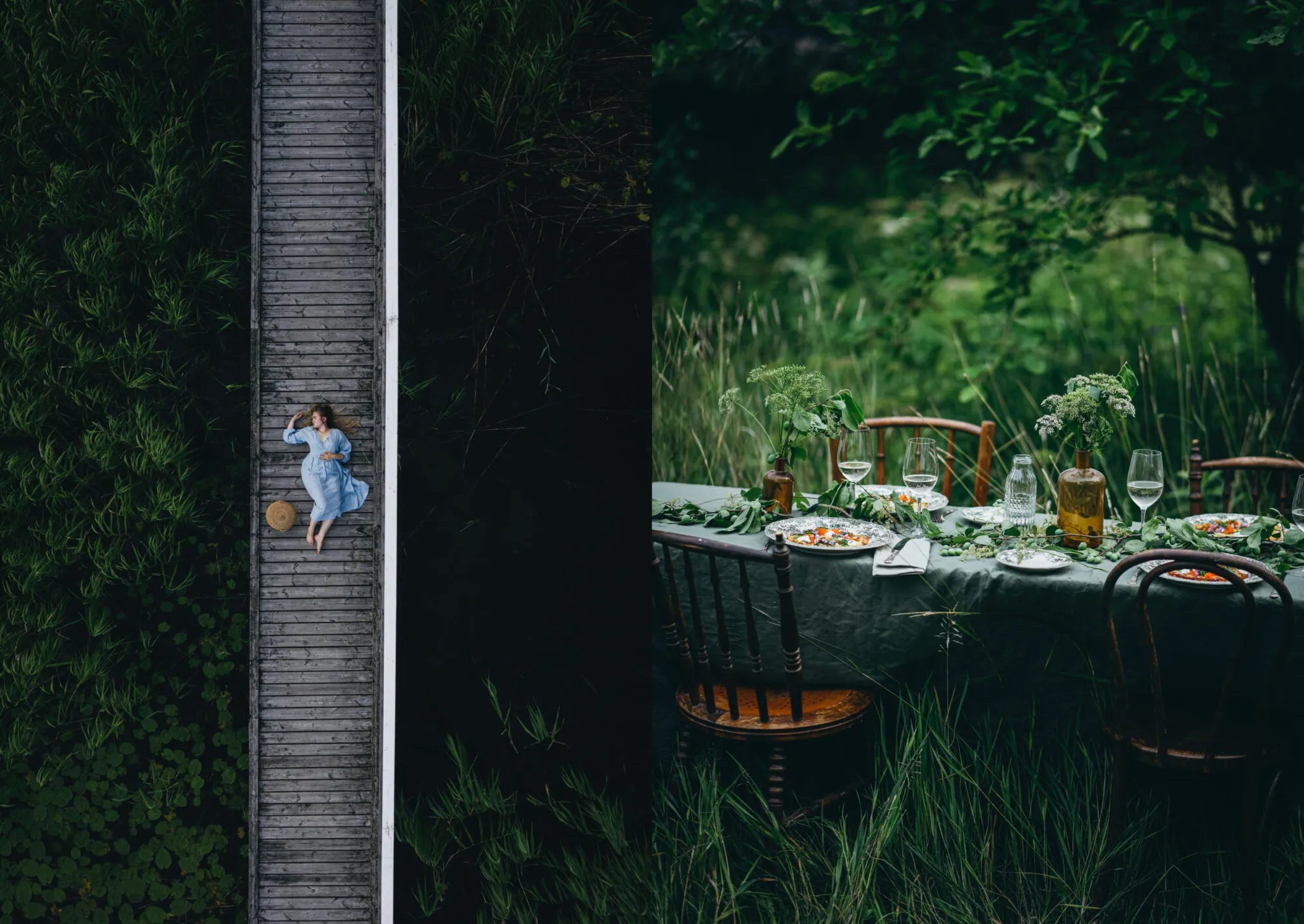 A woman in a blue dress relaxes on a wooden dock beside a lush outdoor table, capturing the Nordic summer vibes inspired by the Nordic Summer Cookbook from Cozy Publishing.