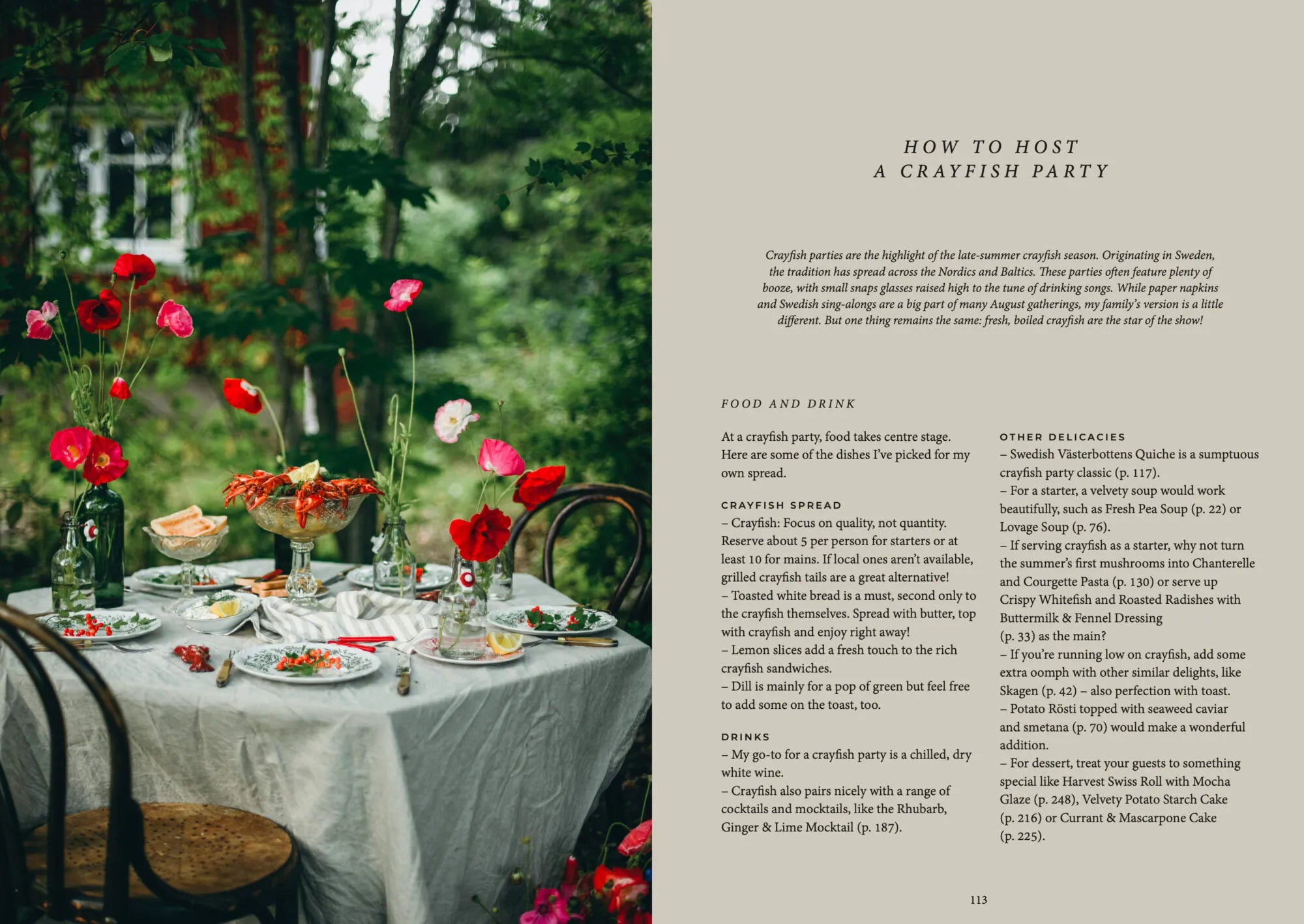 An outdoor table for a crayfish party is styled with festive decor and flowers, inspired by recipes from the Nordic Summer Cookbook by Cozy Publishing; hosting tips are featured on the right.