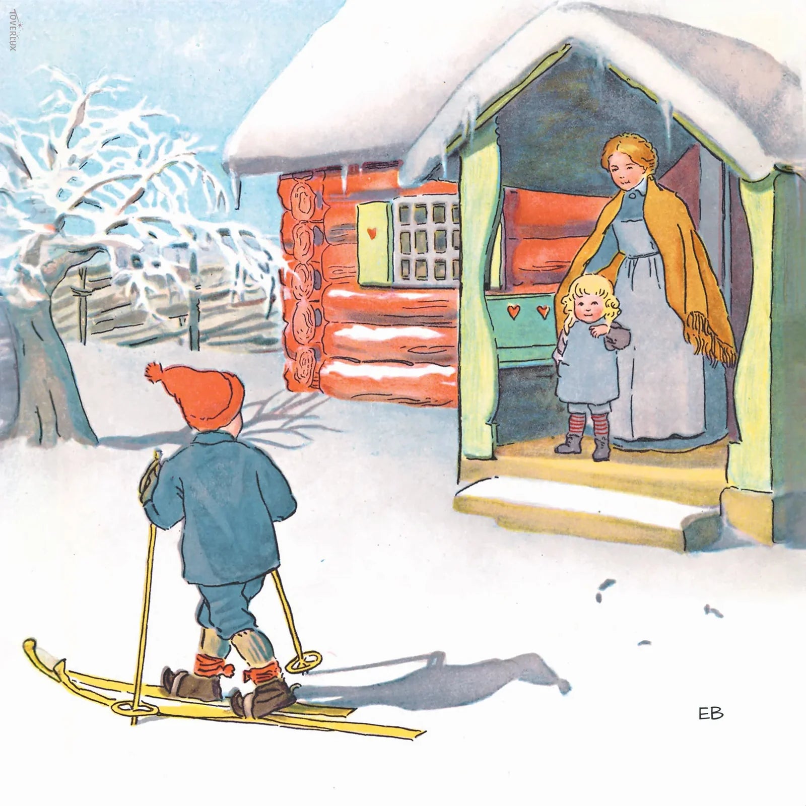A child on skis nears a snowy log cabin where a woman and child greet him, capturing the whimsy of Elsa Beskow’s “Ollie’s Ski Trip” Mini Edition Book—ideal for sharing cozy, wintry tales.
