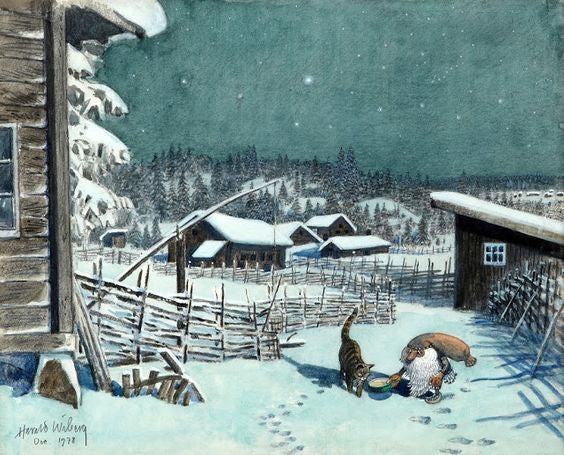 A person in winter clothes feeds a cat by snowy wooden buildings at night, capturing the cozy charm of Astrid Lindgren’s The Tomten Book.