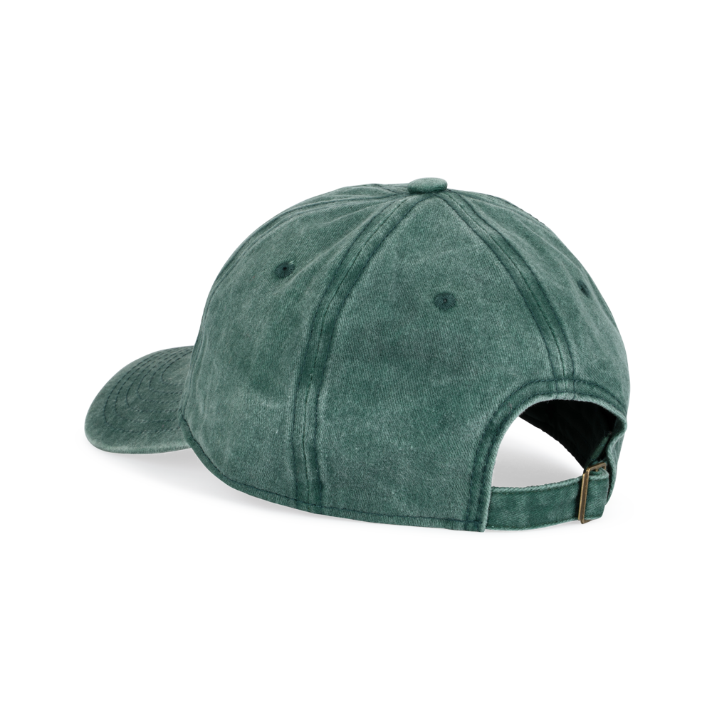 The Sui Ava Everyday Cap, Los Angeles in Washed Green, features back-view visible stitching, ventilation eyelets, Los Angeles embroidery, and an adjustable strap with a metal buckle.