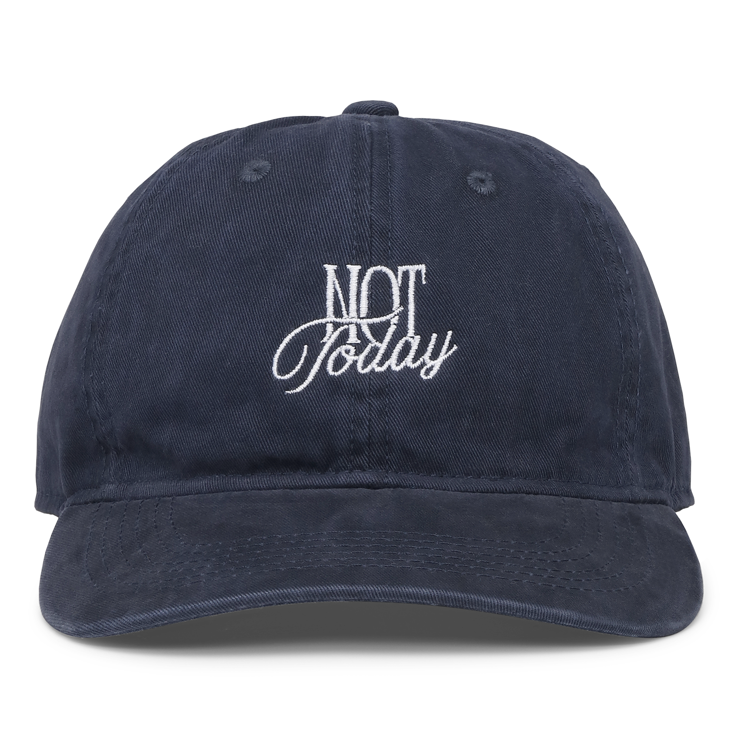 The Everyday Essential Cap by Sui Ava in blue features “NOT TODAY” embroidered in white on the front, giving this vintage-inspired baseball hat a bold, casual look.