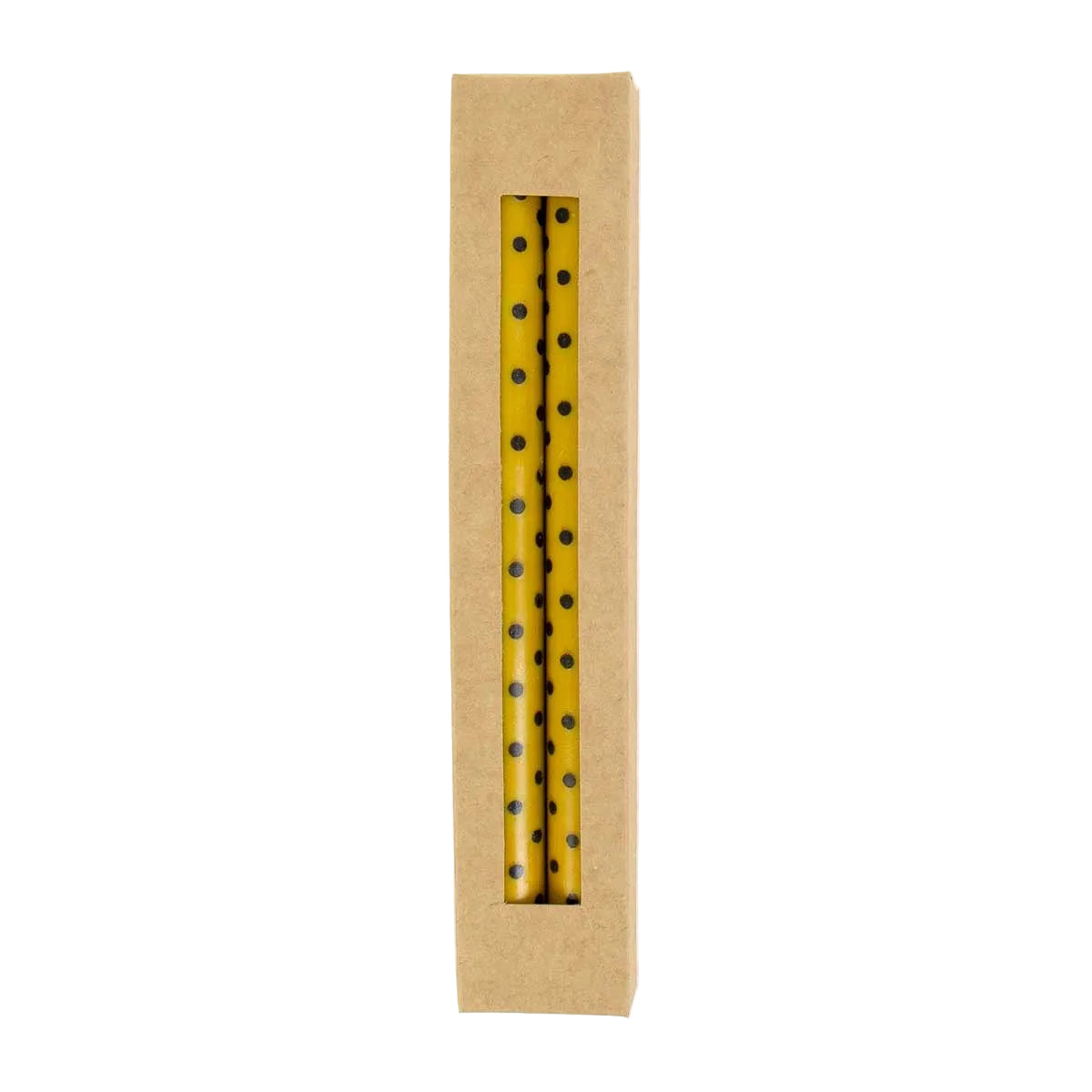 Two mustard-yellow, hand-painted Candles Minidot Mustard and Black, Handmade 2 Pack with black polka dots displayed in a vertical cardboard box with a cut-out window.