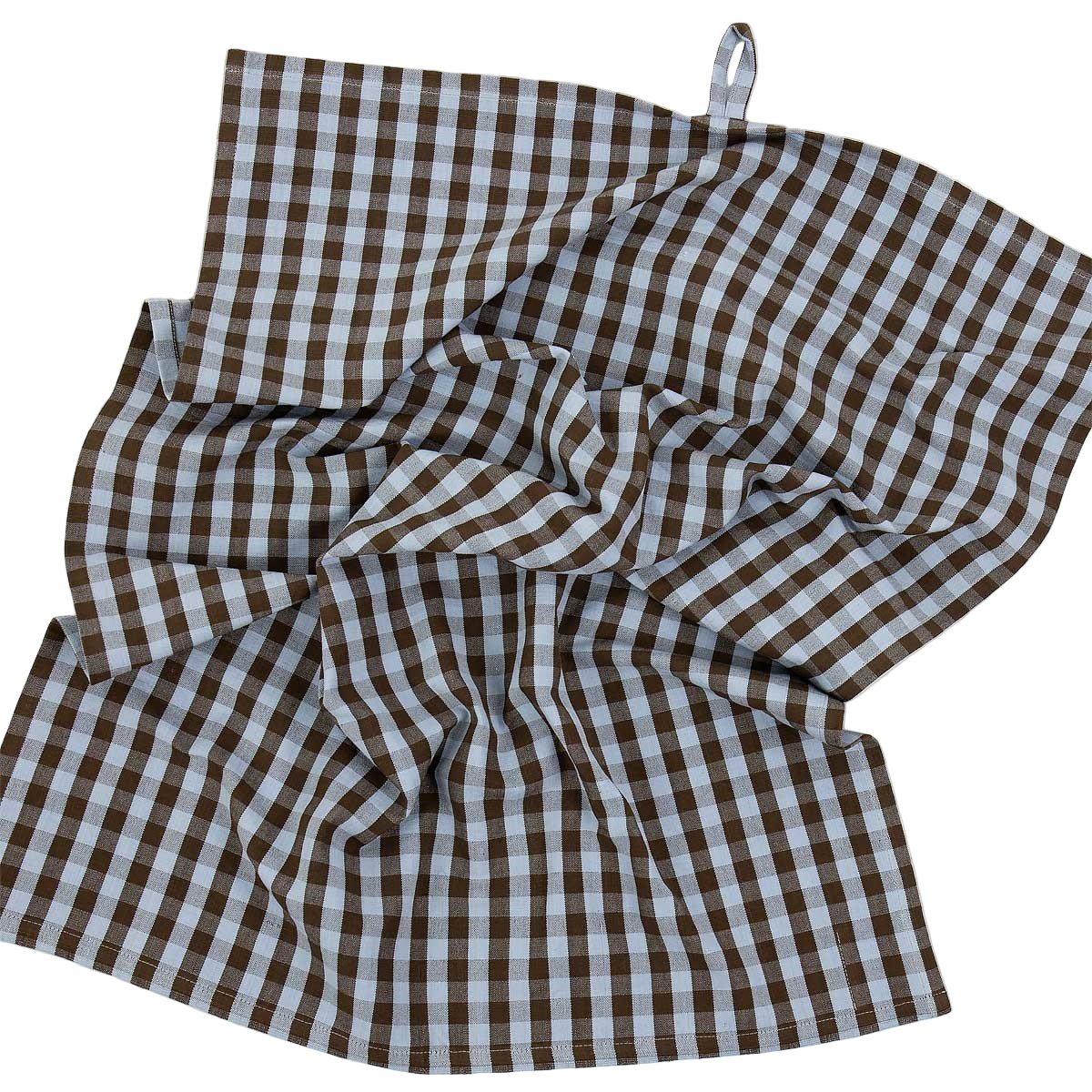 The Maria Towel by A World of Craft is a handwoven organic cotton kitchen towel featuring a light blue and brown checkered pattern and a hanging loop at the top right.
