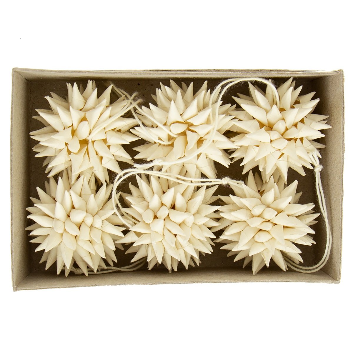 A World of Craft Kotte Mini Christmas Ornament, 6-pack in beige—handcrafted, star-shaped pieces, each with a string, packed in a cardboard box.