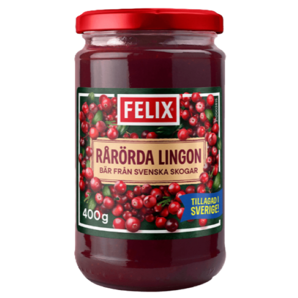 A 410g jar of Deli Felix Rårorda Lingon – traditional Swedish lingonberry jam—red lid, label with lingonberries and Swedish text—perfect for pairing with meatballs.
