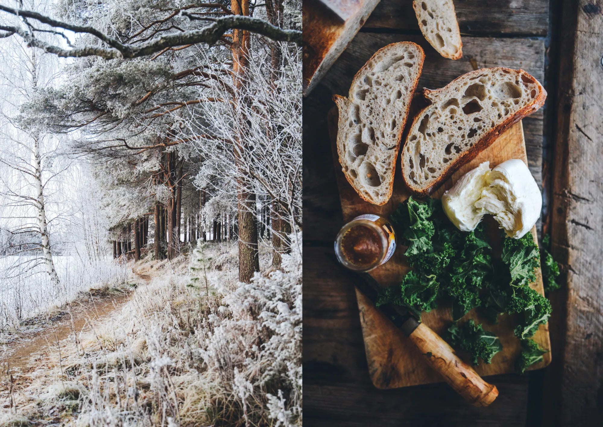 Split image: On the left, a frosty forest path lined with snow-dusted trees; on the right, a rustic wooden table displays sliced bread, kale, honey in a jar, and a round of cheese on a cutting board—perfect inspiration for your next vegetarian camping adventure with *Food Over the Campfire – Recipes for Day Hikes and Wilderness Treks* from Cozy Publishing.