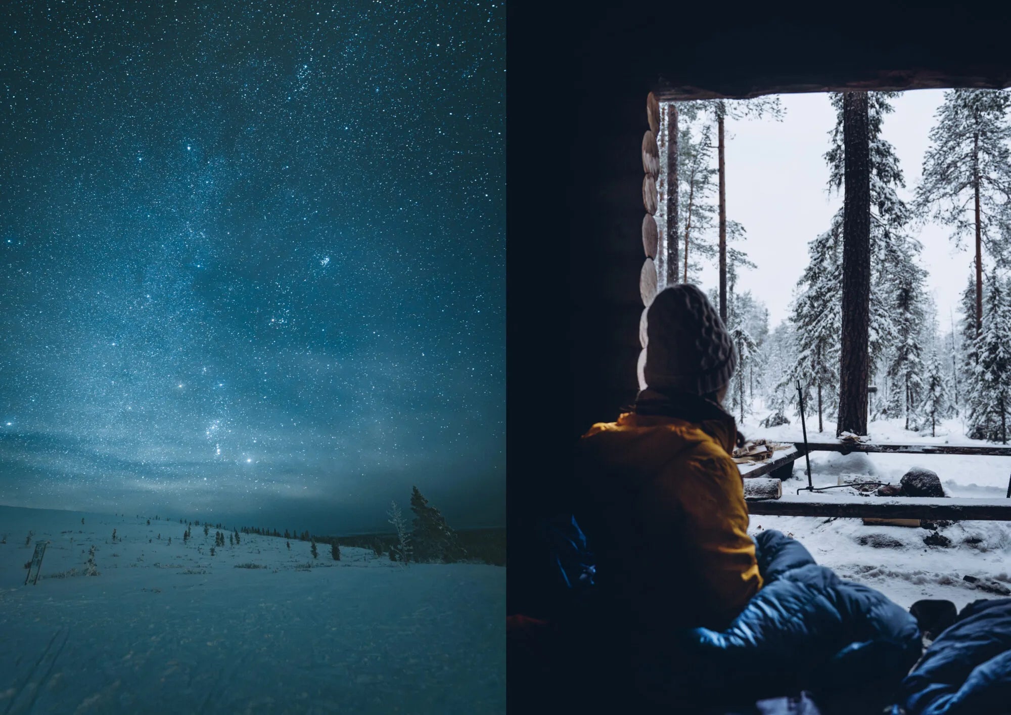 A split image: on the left, a snowy landscape stretches beneath a star-filled night sky; on the right, someone bundled in winter clothes sits inside a cozy cabin, gazing out at snow-laden trees through an open window—perhaps inspired by “Food Over the Campfire – Recipes for Day Hikes and Wilderness Treks” from Cozy Publishing to dream up new vegetarian camping recipes for their next outdoor adventure.
