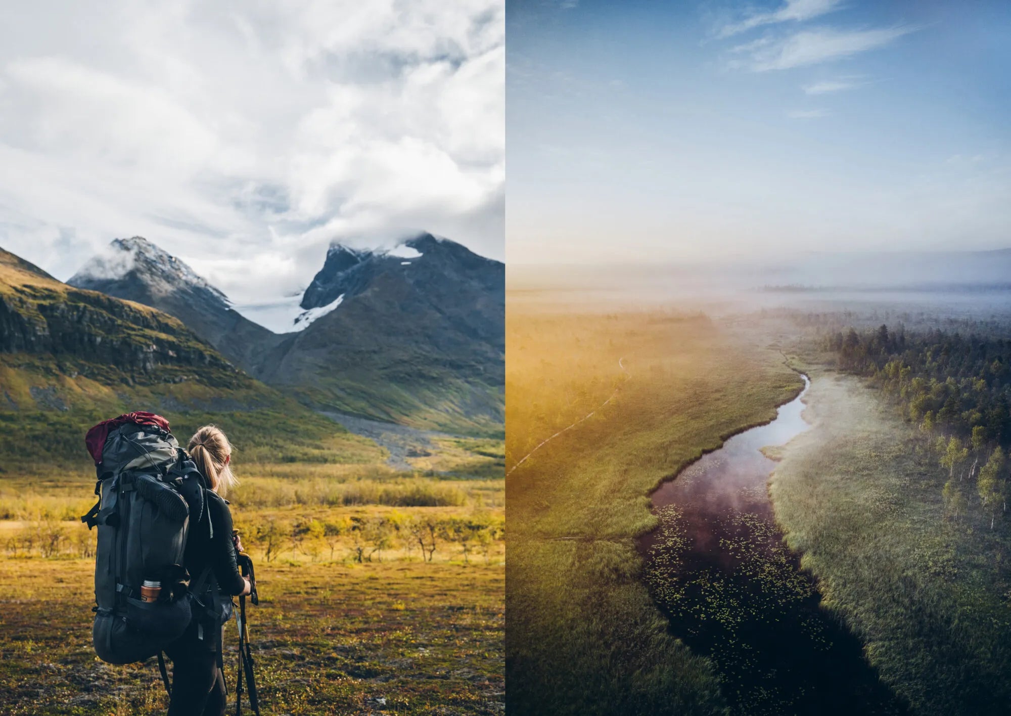 A hiker with a large backpack gazes at snow-capped mountains, while the right shows an aerial view of a winding river through misty, green terrain under a blue sky—the ideal backdrop to spark inspiration from Food Over the Campfire – Recipes for Day Hikes and Wilderness Treks by Cozy Publishing, your companion for discovering new vegetarian camping recipes on your next outdoor adventure.