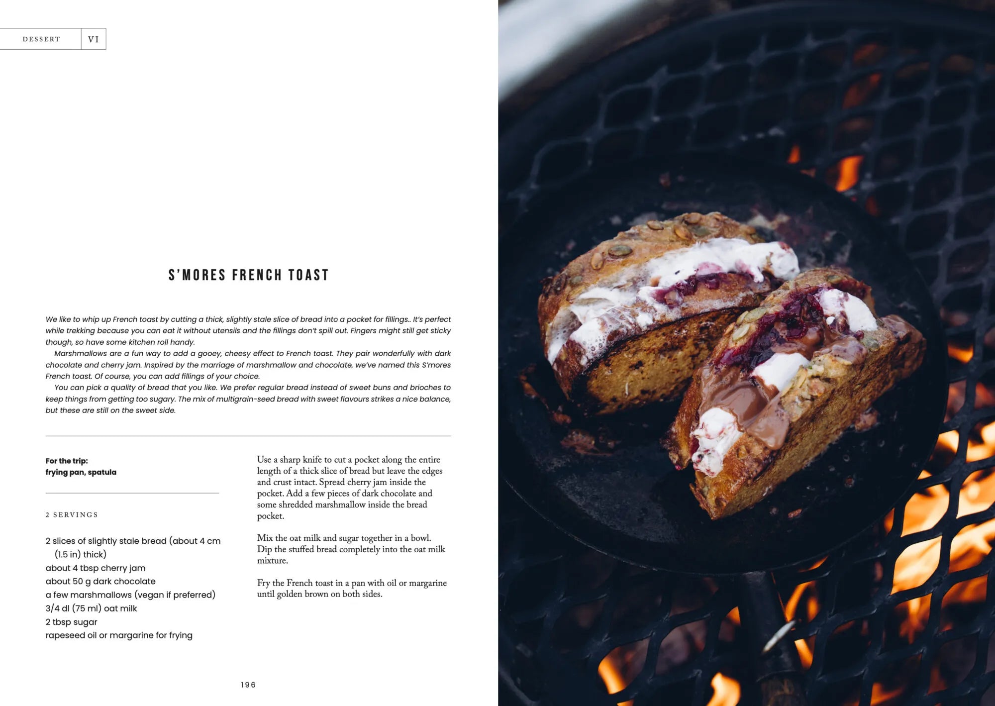 Transform your wilderness cooking with a rustic s’mores French toast: two thick slices of bread filled with chocolate and marshmallow, grilled in a pan over an open fire atop a metal grate and glowing flames. Discover this irresistible treat and more in Food Over the Campfire – Recipes for Day Hikes and Wilderness Treks by Cozy Publishing—an essential addition to your campfire recipe collection.