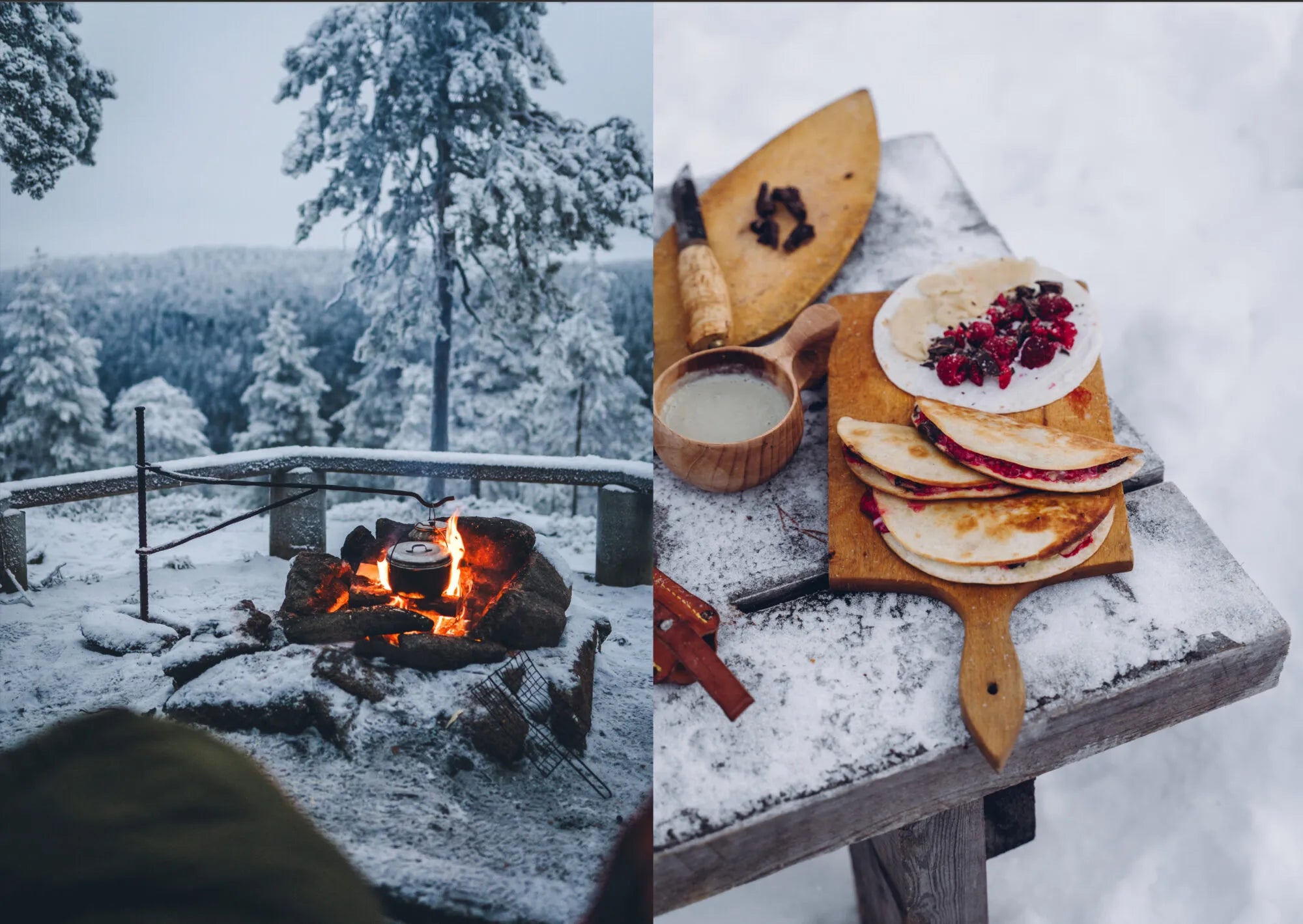 Set against a snowy outdoor backdrop, a campfire with a kettle and a wooden table laden with folded flatbreads filled with berries, creamy sauce, and utensils create an inviting scene inspired by *Food Over the Campfire – Recipes for Day Hikes and Wilderness Treks* from Cozy Publishing—perfect for anyone eager to explore new vegetarian camping recipes or elevate their wilderness cooking adventures.