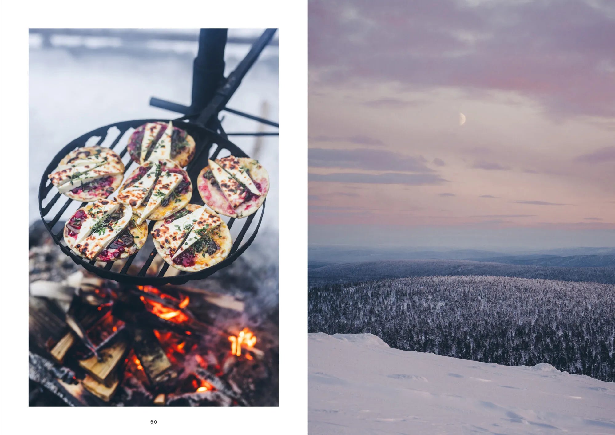Grilled food sizzling over an open fire in the snowy outdoors on the left hints at the delicious wilderness cooking you’ll discover in Food Over the Campfire – Recipes for Day Hikes and Wilderness Treks from Cozy Publishing; meanwhile, a snowy forest beneath a pastel-hued sky and crescent moon on the right sets the perfect scene for exploring new vegetarian camping recipes.