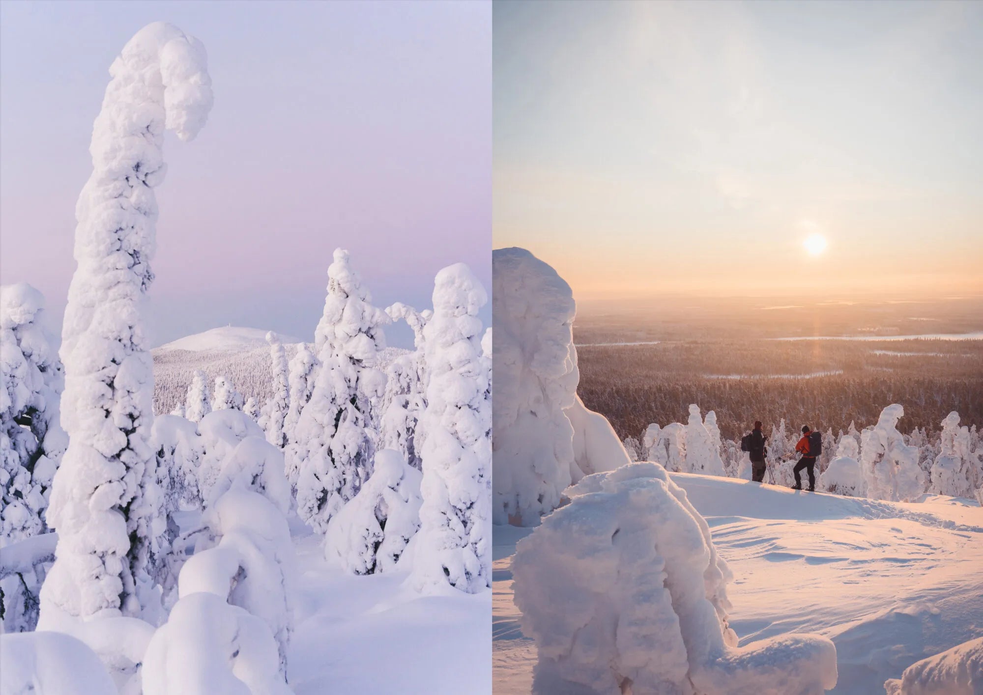 Snow-covered trees beneath a pastel sky appear on the left, while on the right, two people walk across sunlit, snowy terrain framed by frosted trees and a glowing sunset—a scene ideal for enjoying recipes from *Food Over the Campfire – Recipes for Day Hikes and Wilderness Treks* by Cozy Publishing.